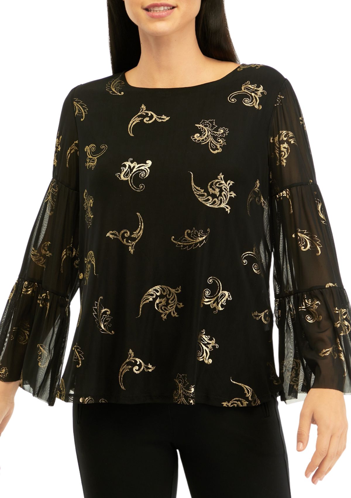 Womens Scoop Neck Scroll Foil Print Mesh Top