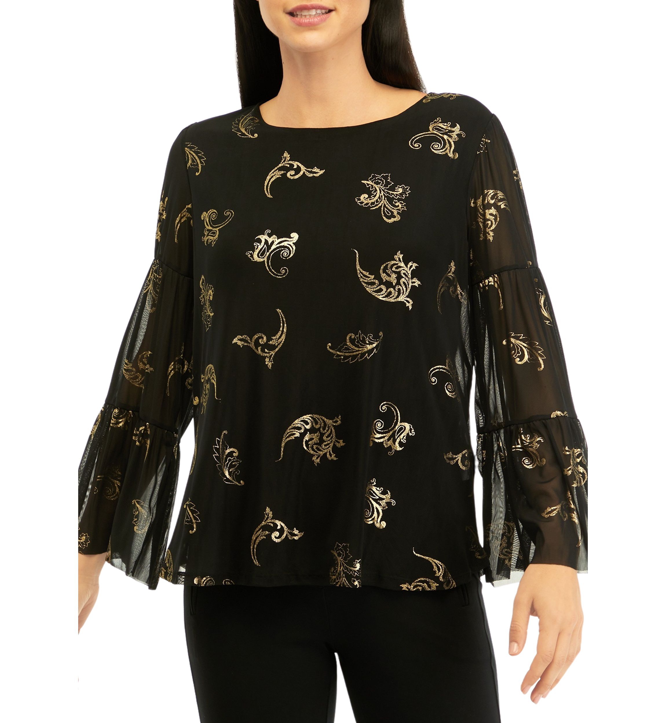 Womens Scoop Neck Scroll Foil Print Mesh Top