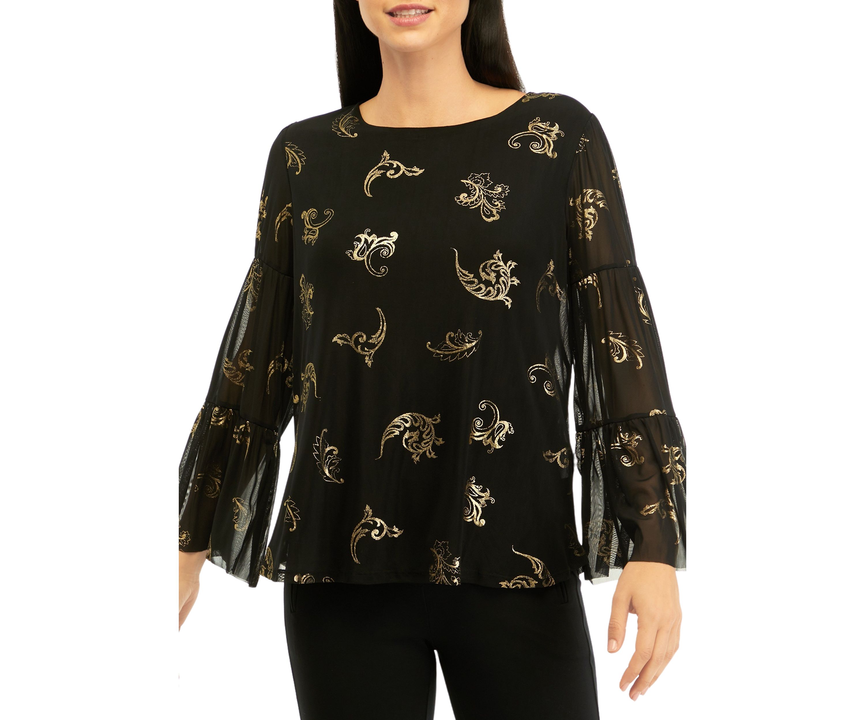 Womens Scoop Neck Scroll Foil Print Mesh Top