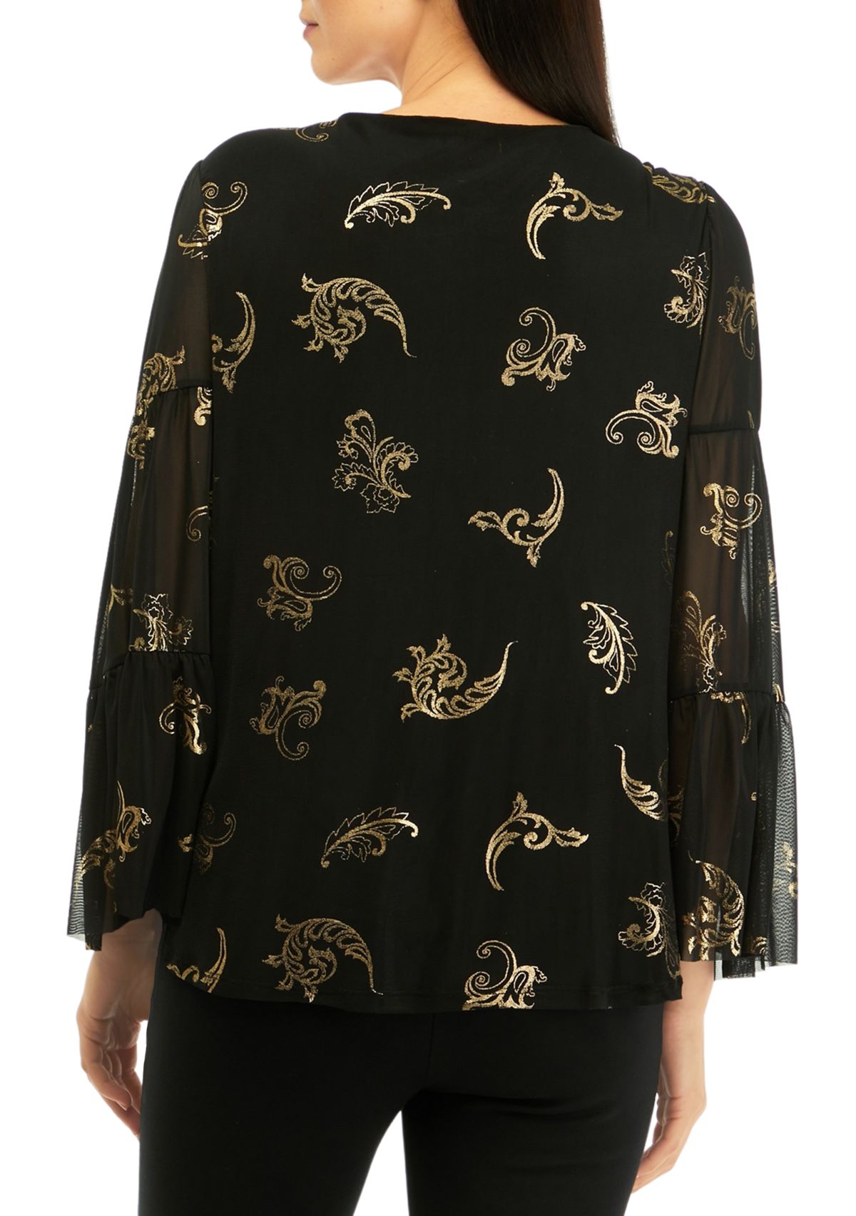 Womens Scoop Neck Scroll Foil Print Mesh Top