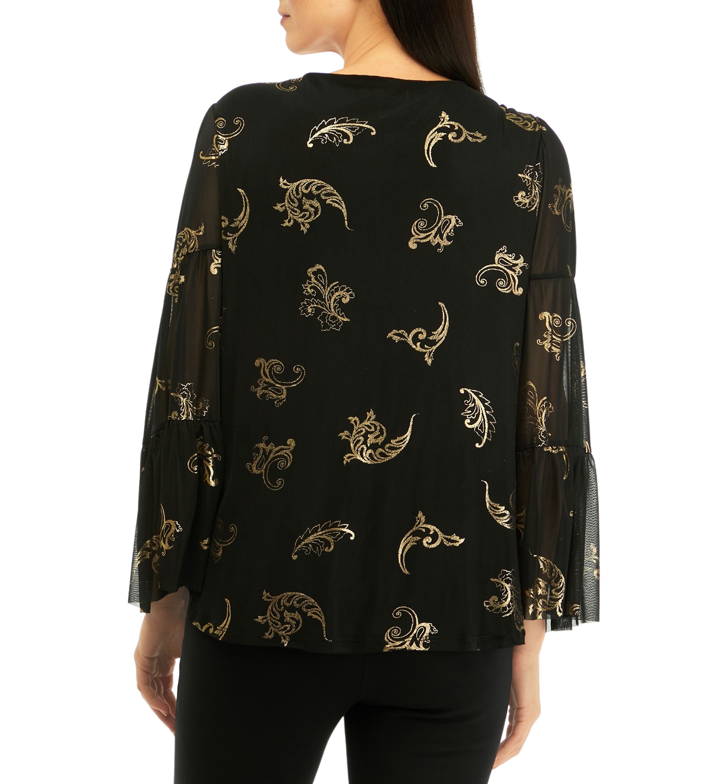 Womens Scoop Neck Scroll Foil Print Mesh Top
