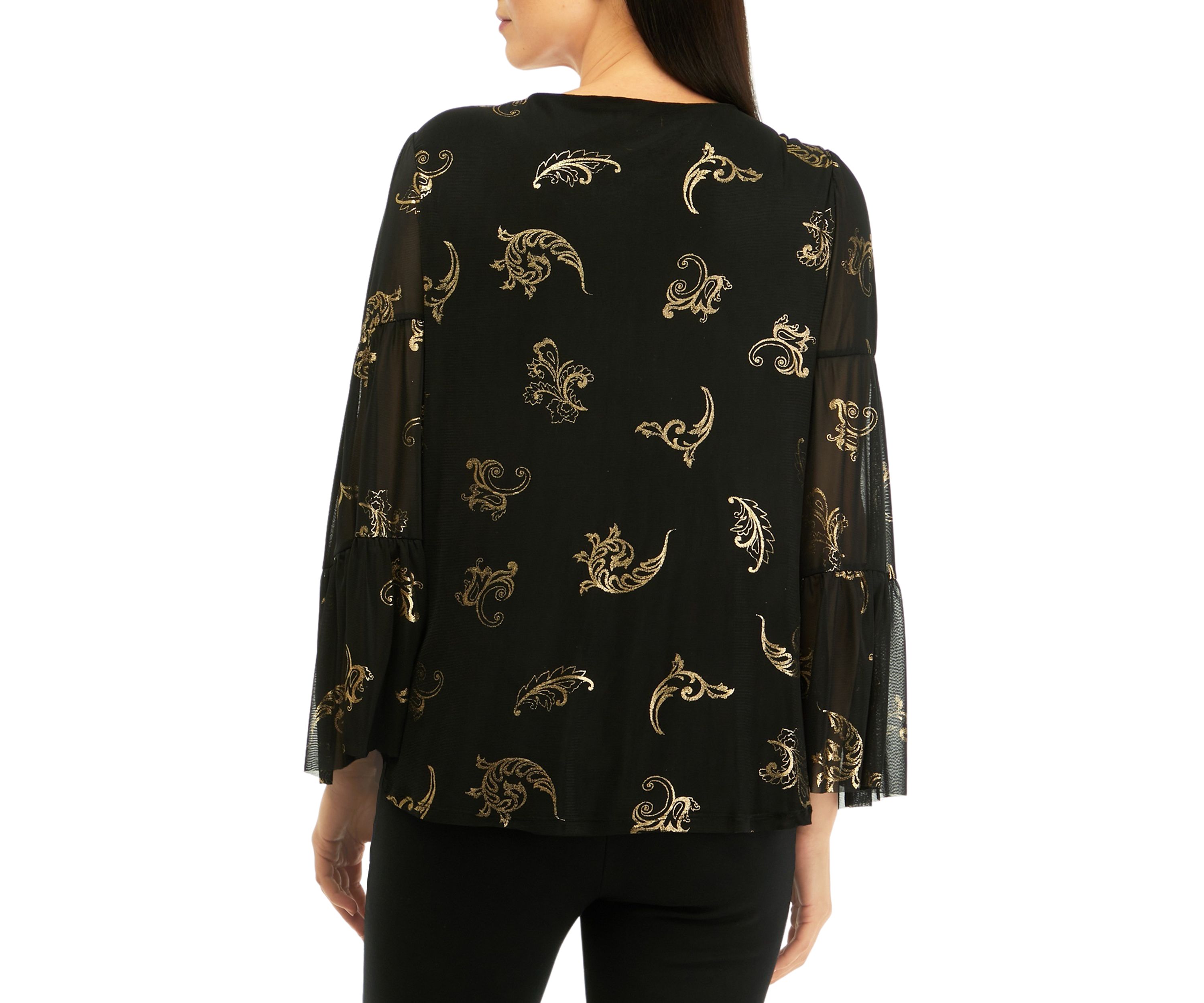 Womens Scoop Neck Scroll Foil Print Mesh Top
