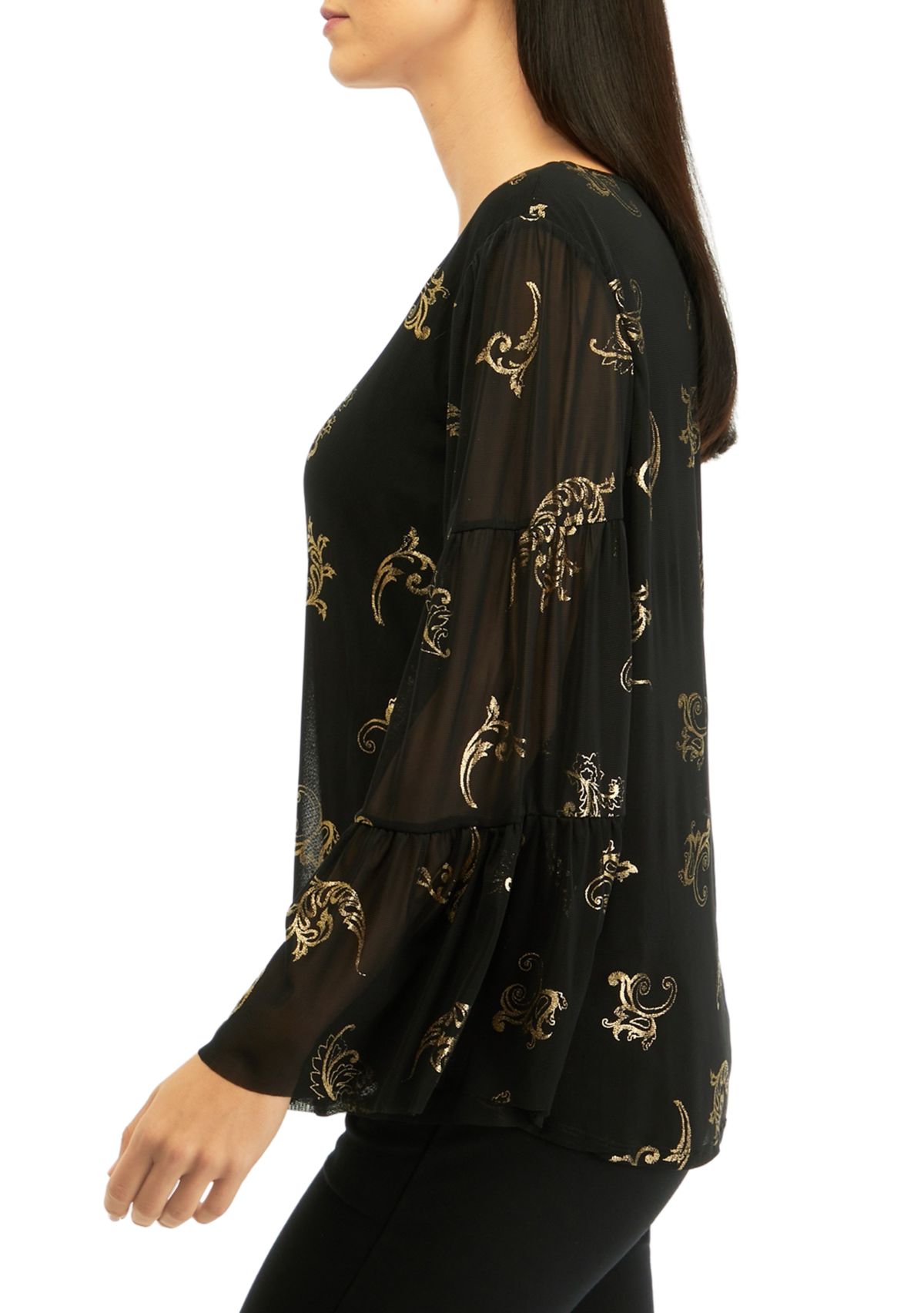 Womens Scoop Neck Scroll Foil Print Mesh Top