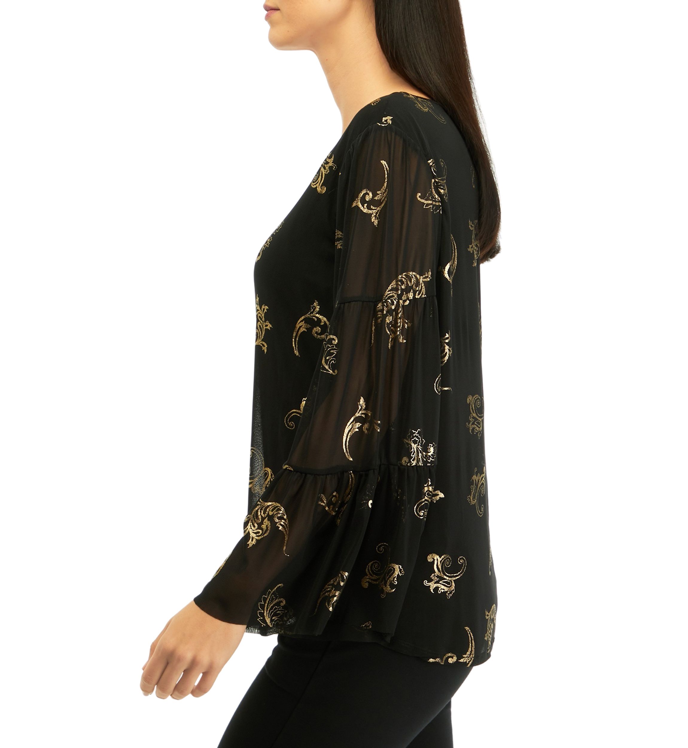 Womens Scoop Neck Scroll Foil Print Mesh Top