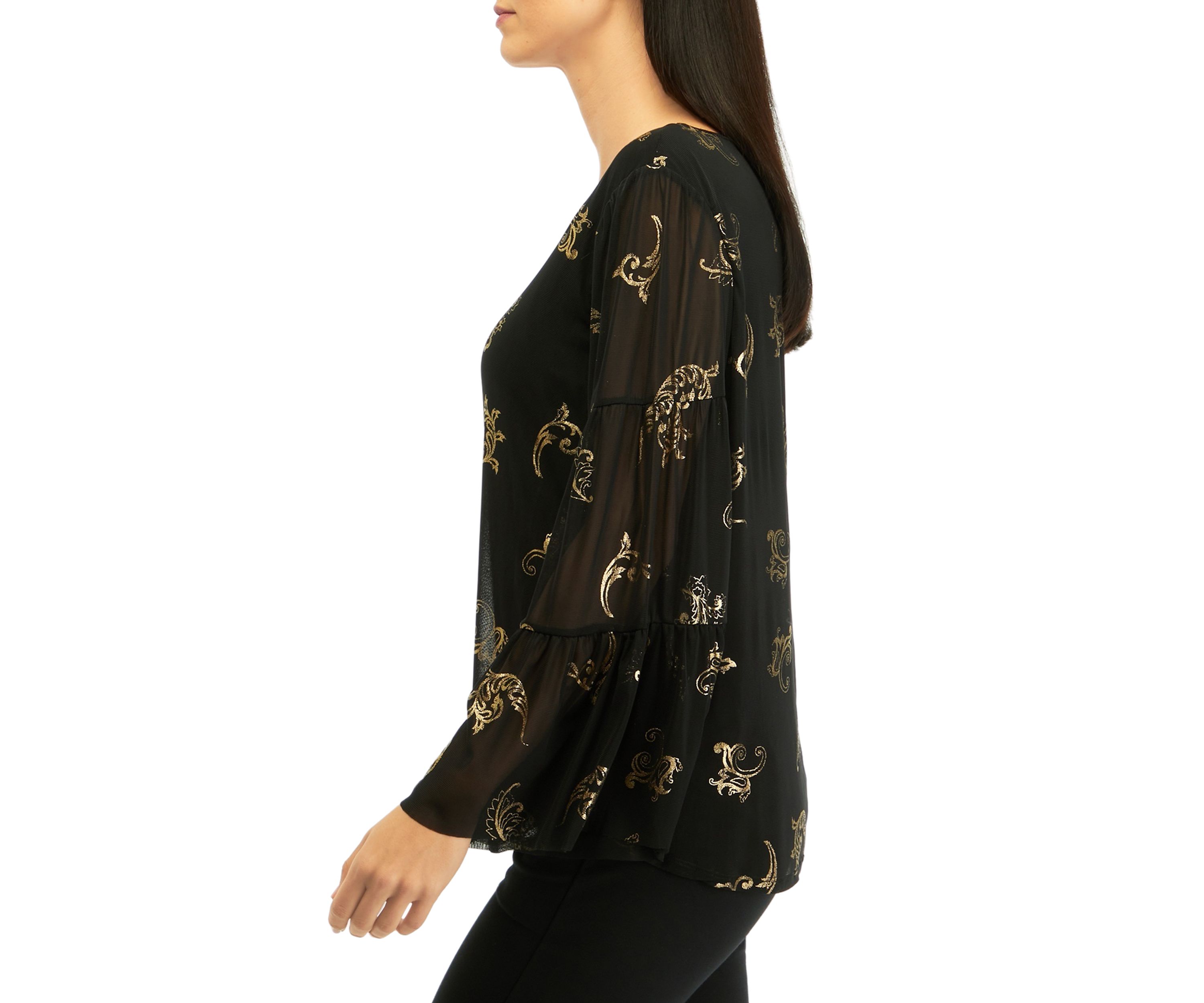 Womens Scoop Neck Scroll Foil Print Mesh Top