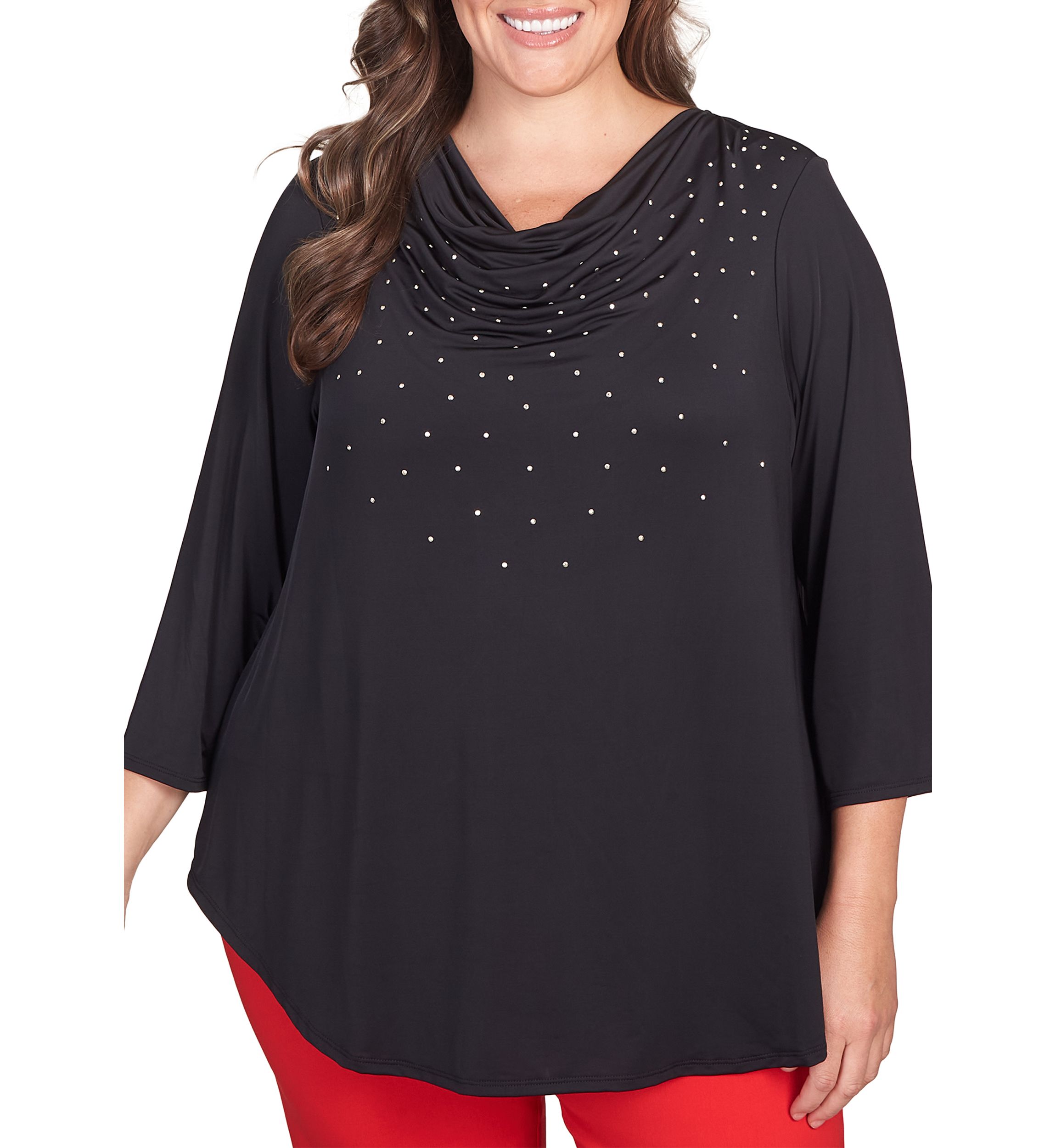 Plus Size Studded Silk Draped Cowl Neck Top