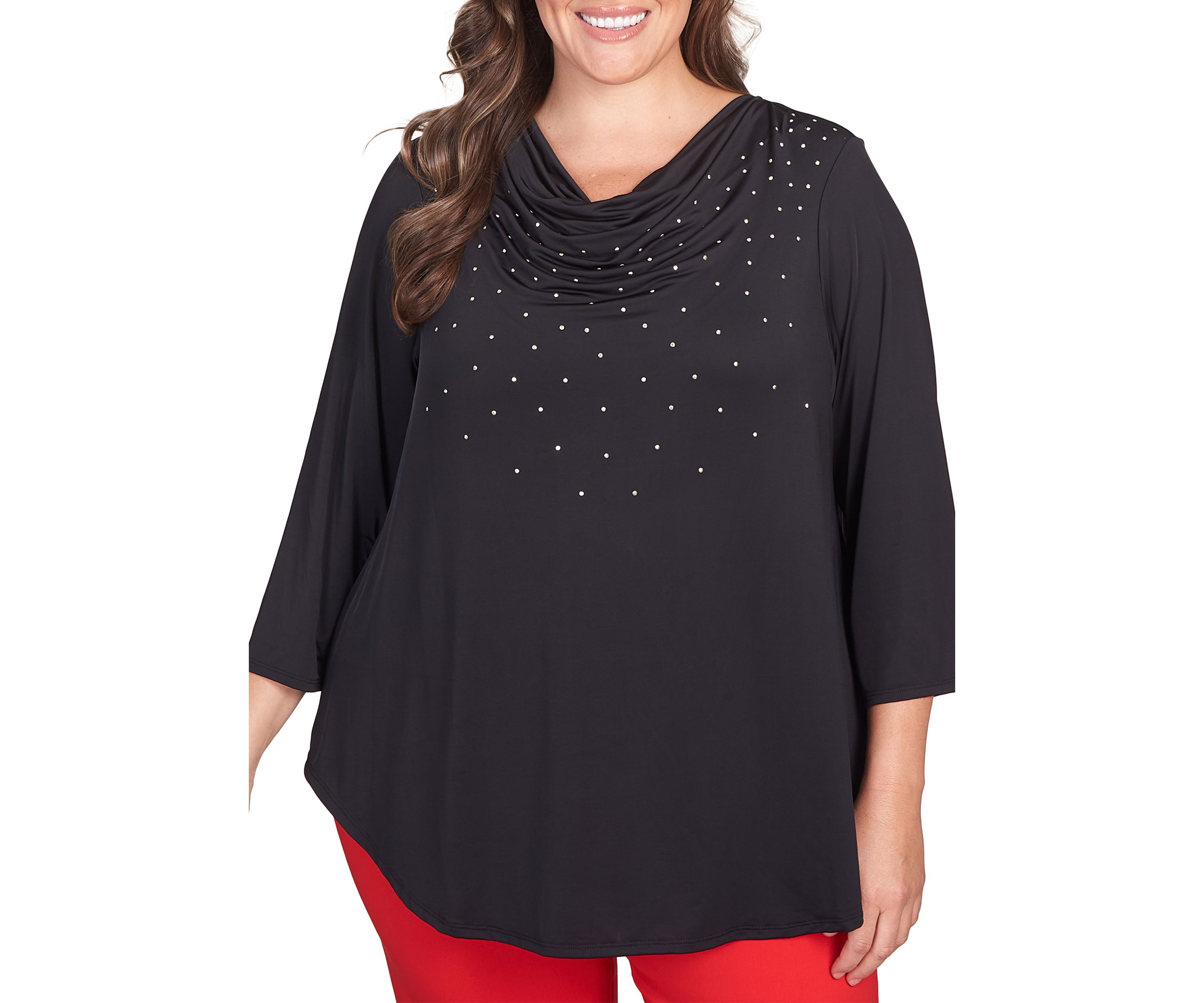 Plus Size Studded Silk Draped Cowl Neck Top