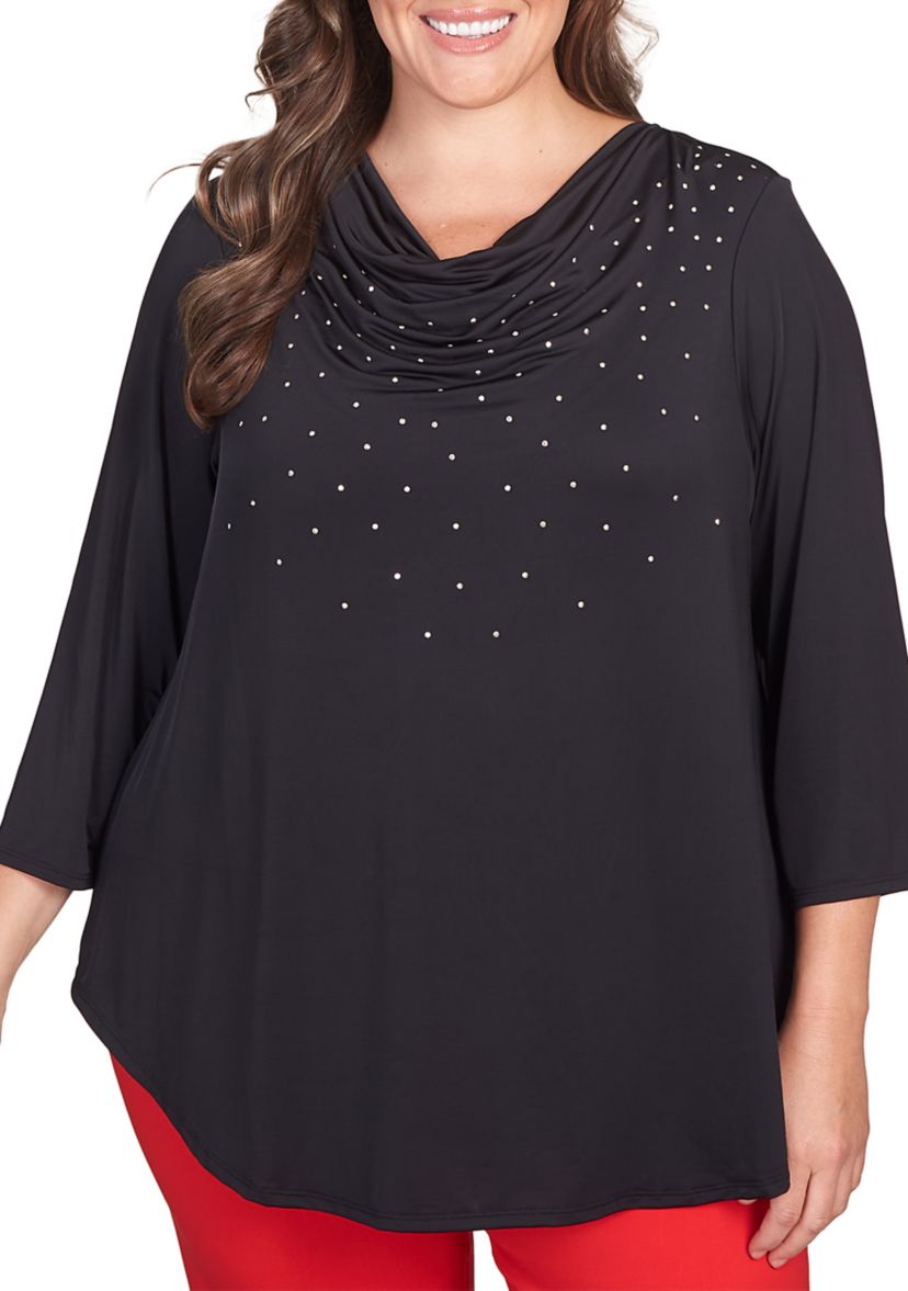 Plus Size Studded Silk Draped Cowl Neck Top