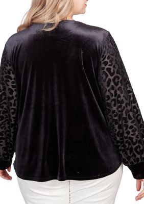 Plus Leopard Sleeve Velvet Top