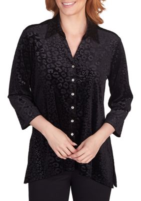 Plus Leopard Embossed Velour Button-Front Top