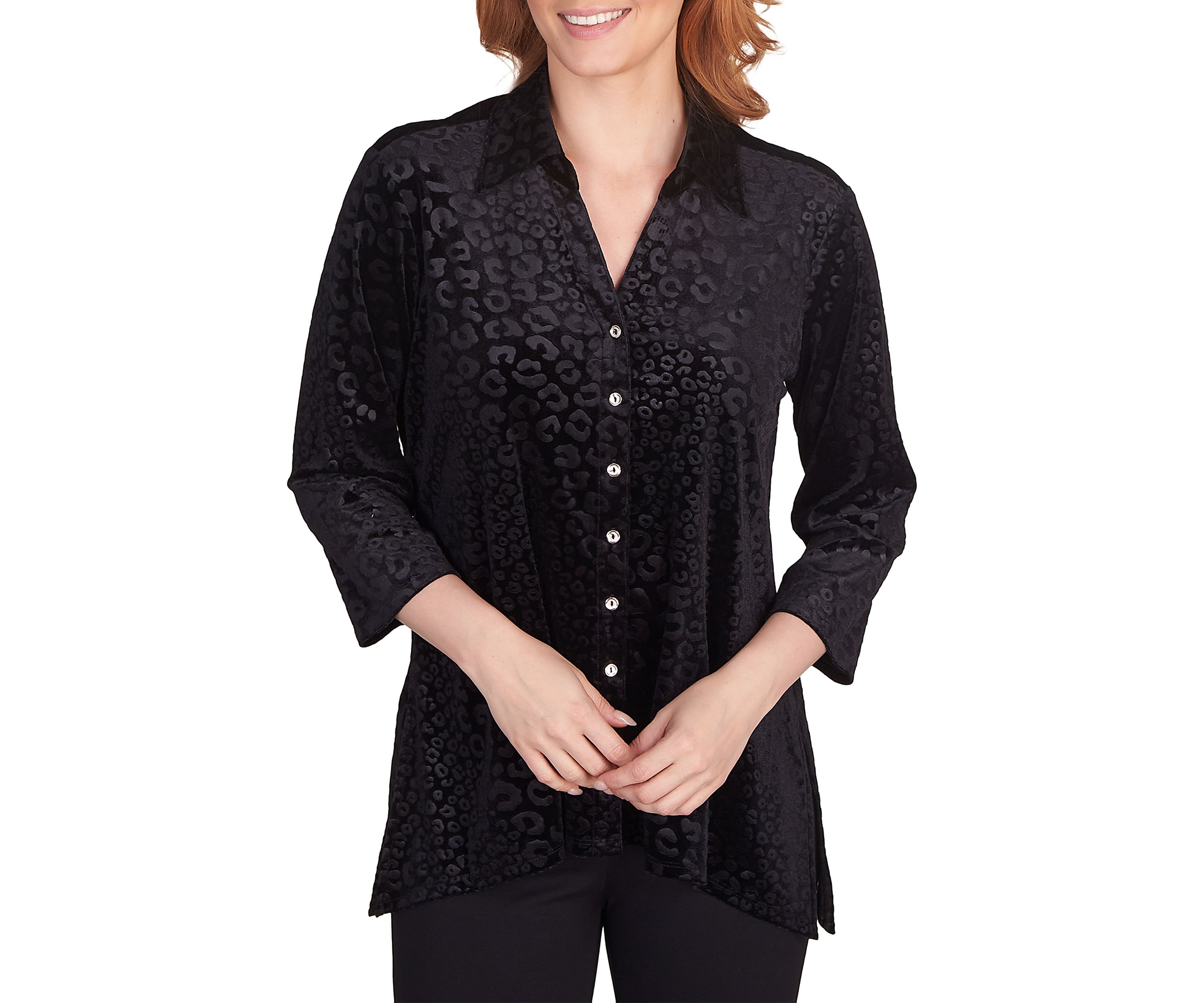 Plus Size Leopard Embossed Velour Button-Front Top
