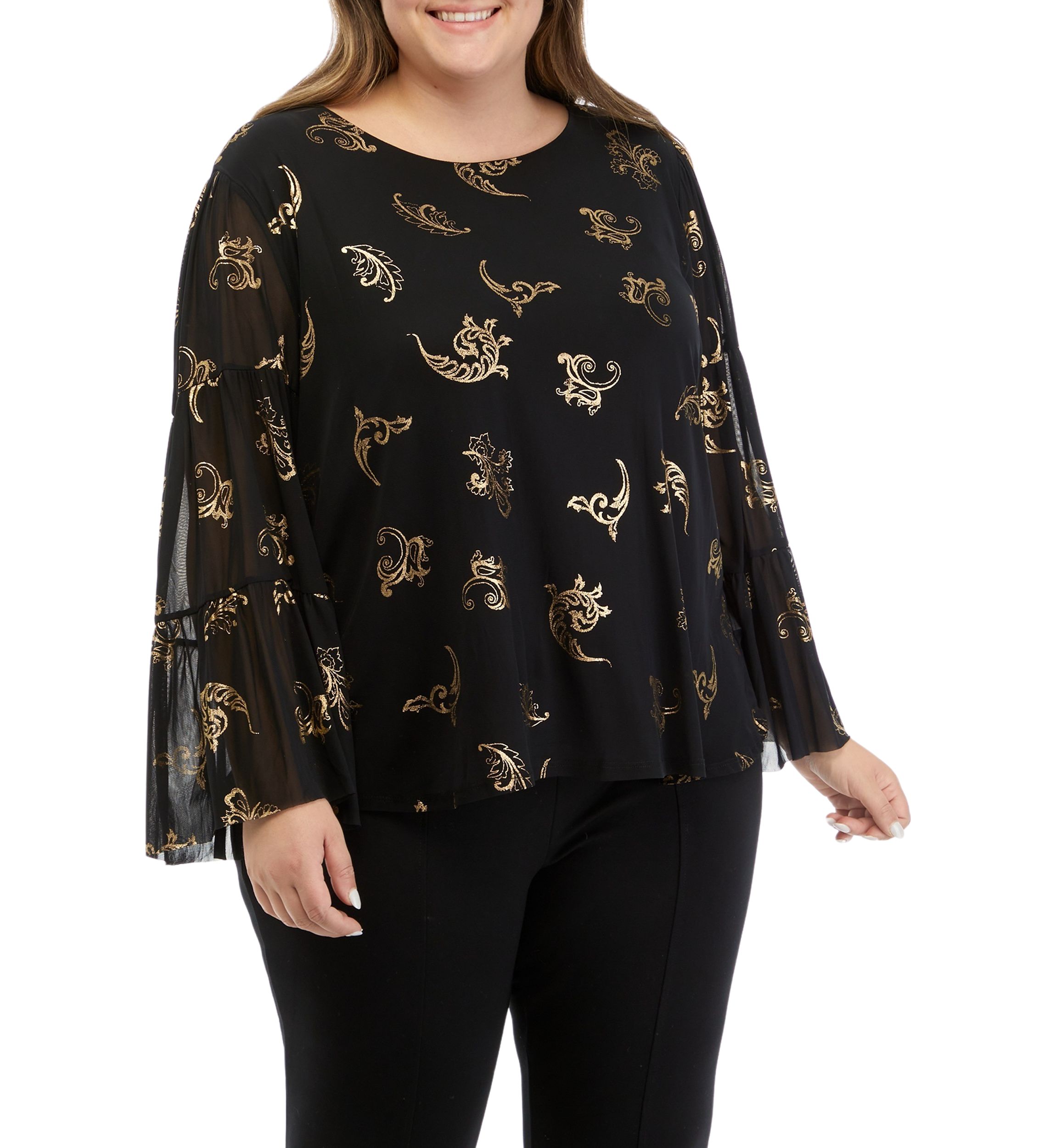 Plus Size Scoop Neck Scroll Foil Print Mesh Top