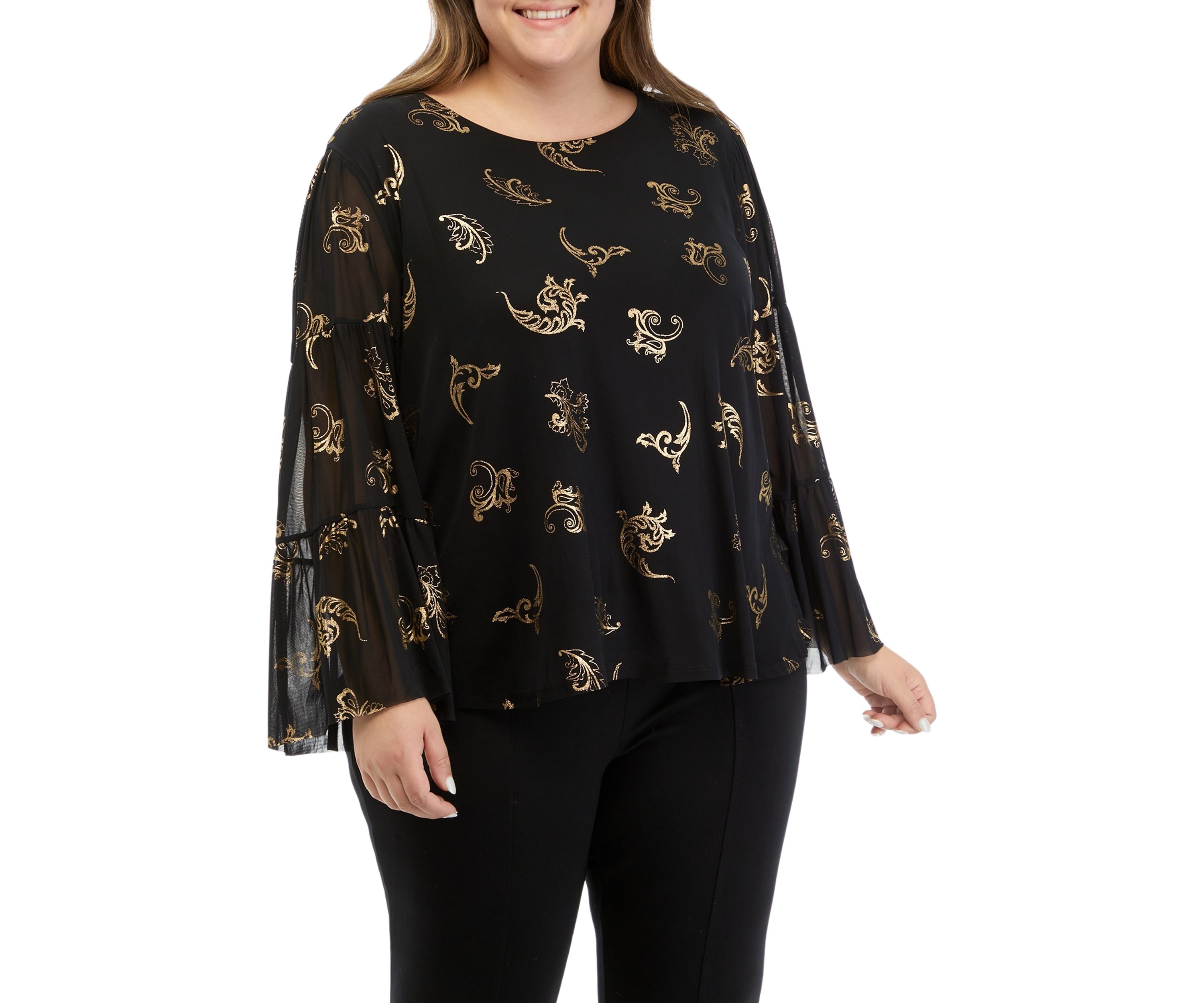 Plus Size Scoop Neck Scroll Foil Print Mesh Top