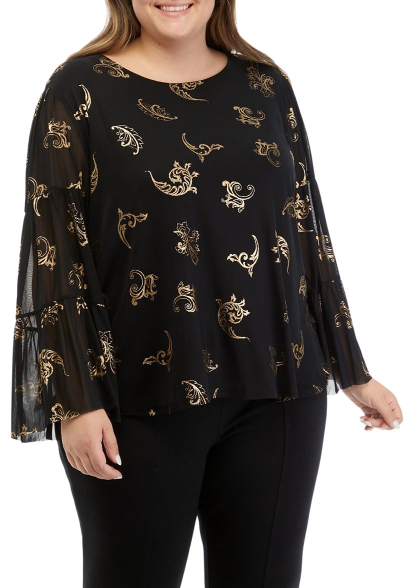 Plus Size Scoop Neck Scroll Foil Print Mesh Top