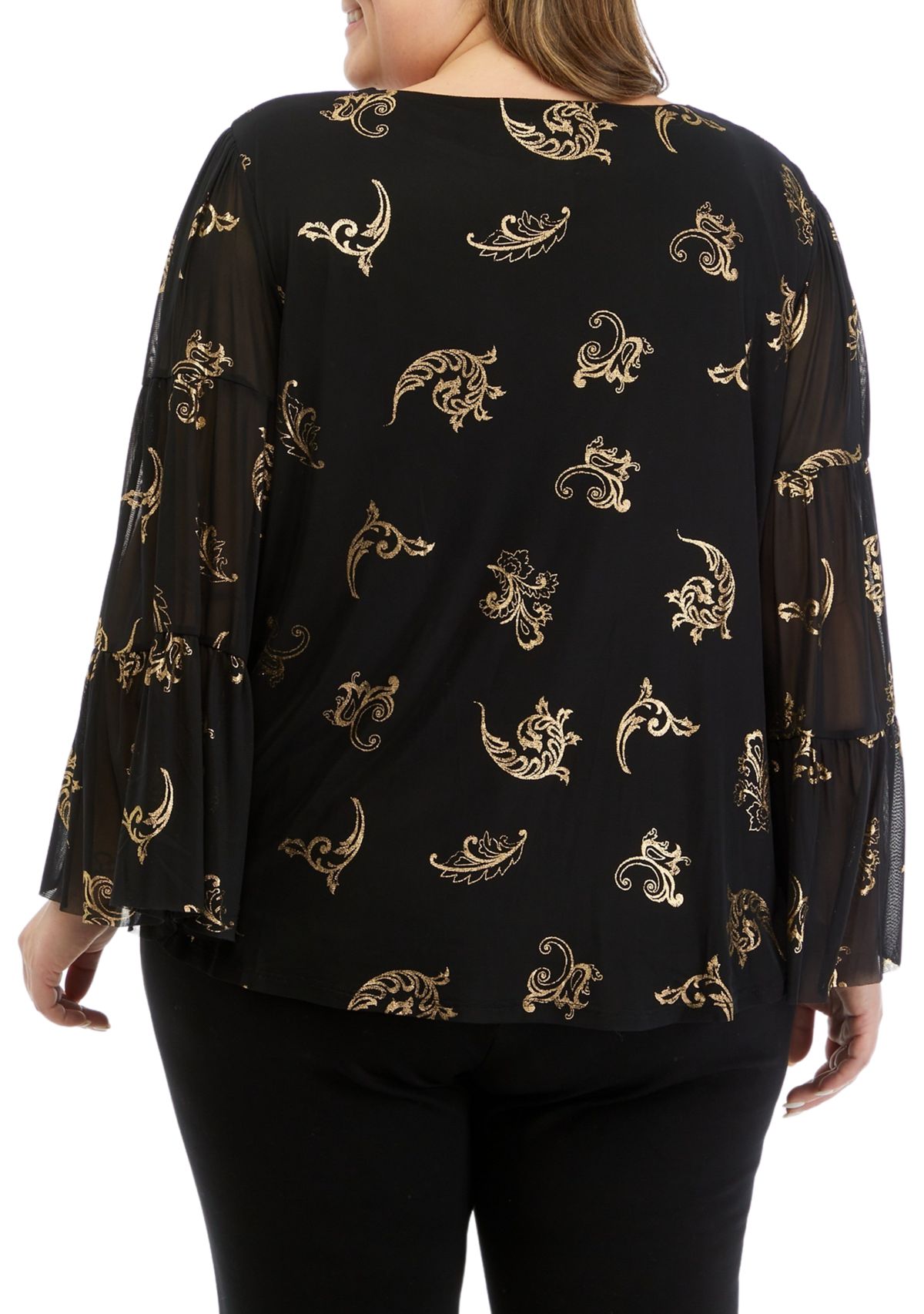 Plus Size Scoop Neck Scroll Foil Print Mesh Top