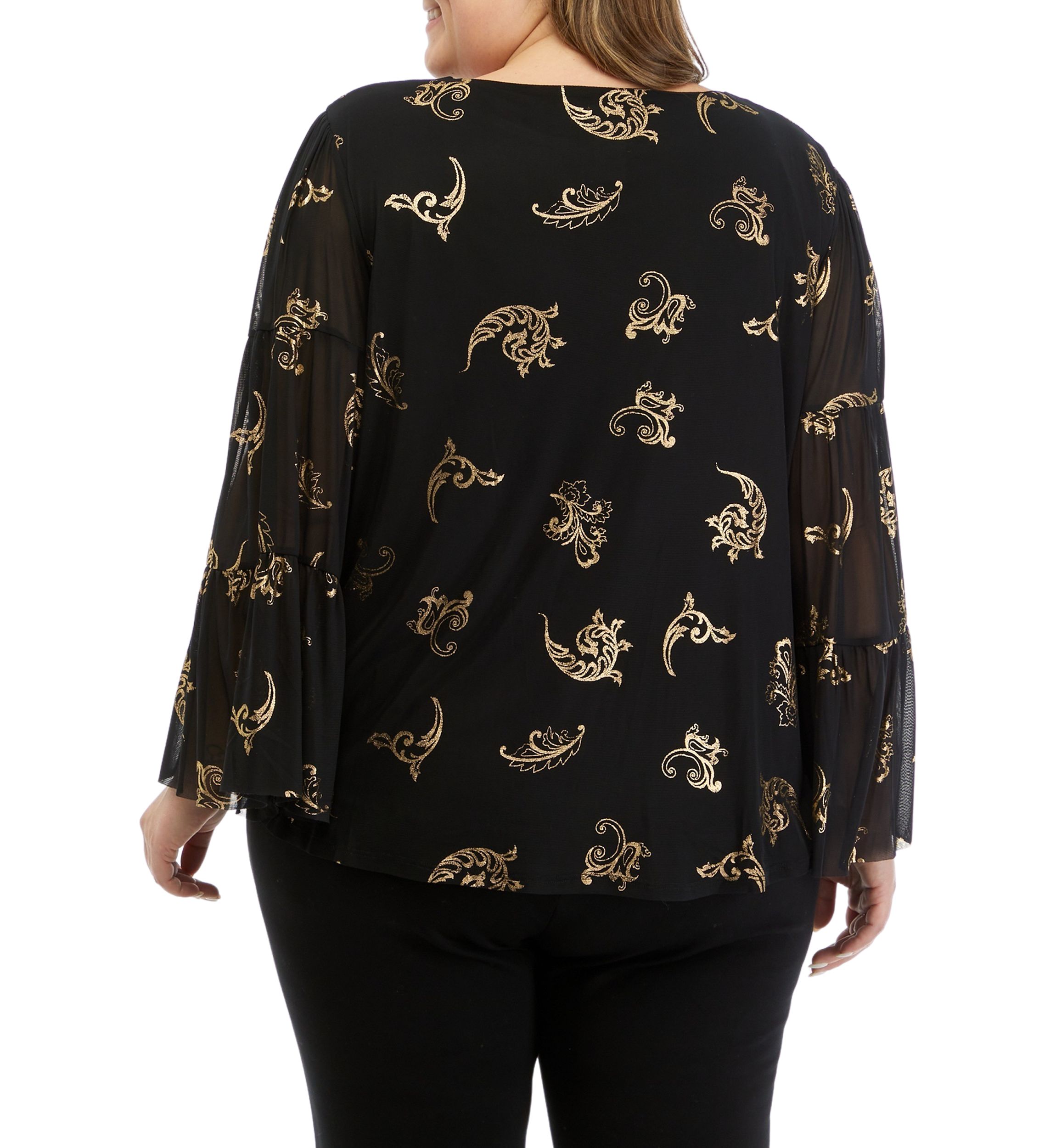 Plus Size Scoop Neck Scroll Foil Print Mesh Top