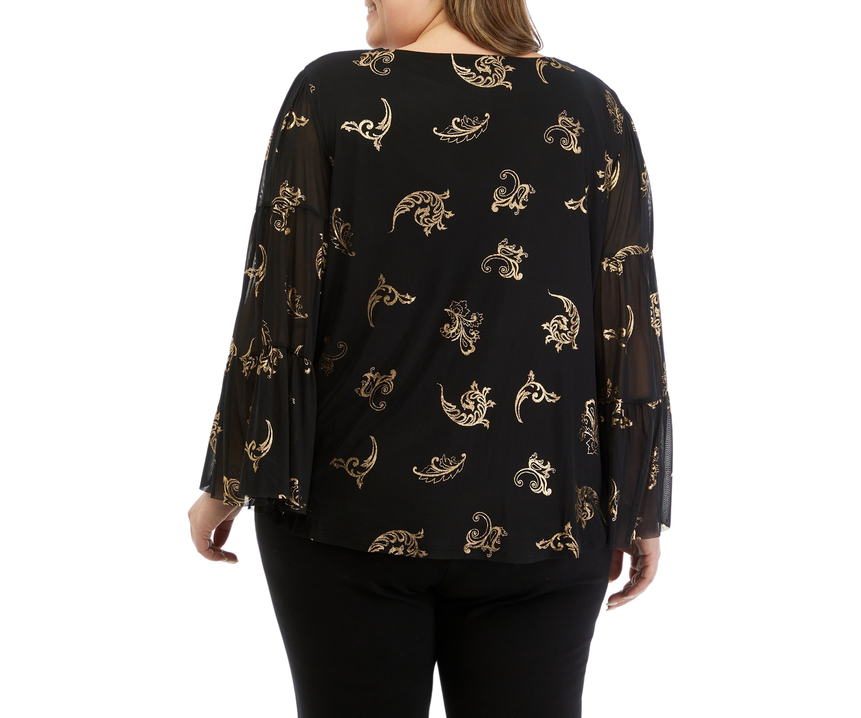 Plus Size Scoop Neck Scroll Foil Print Mesh Top