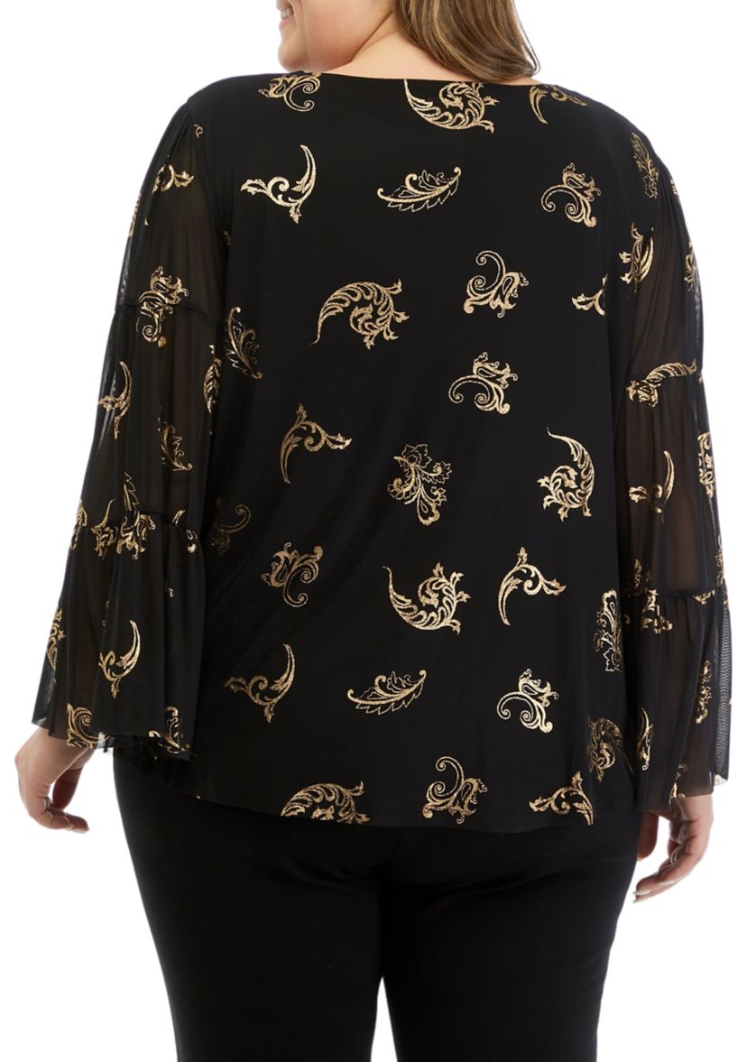 Plus Size Scoop Neck Scroll Foil Print Mesh Top