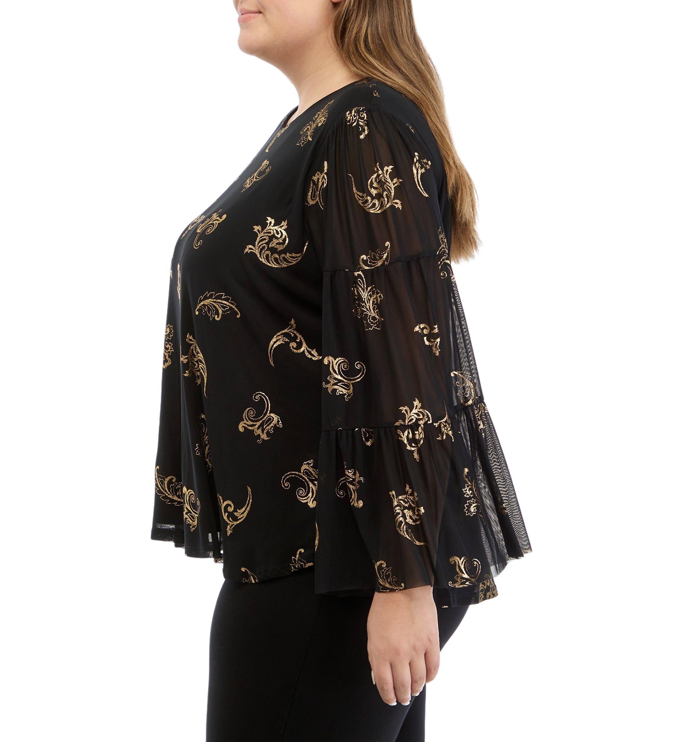 Plus Size Scoop Neck Scroll Foil Print Mesh Top