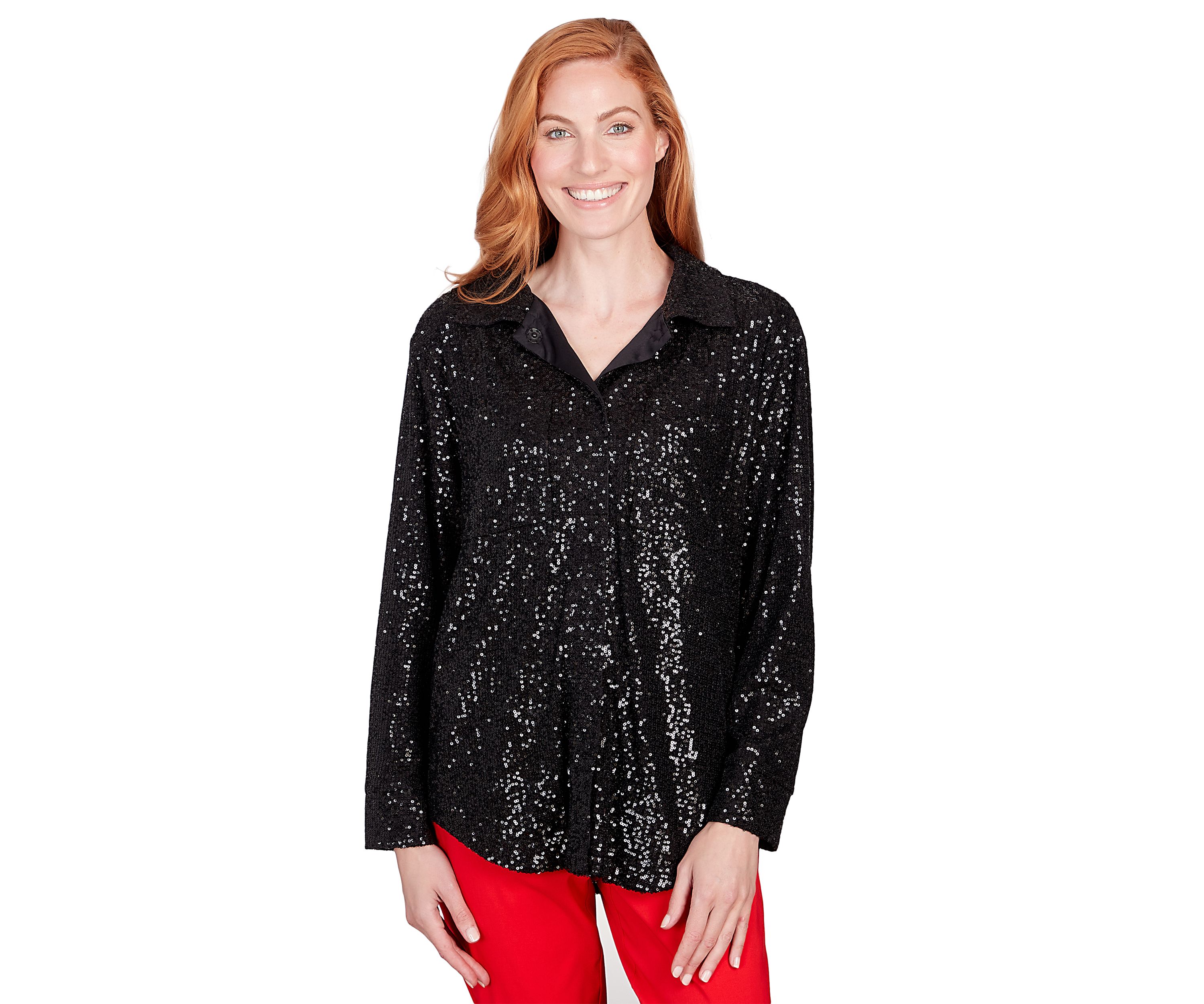 Petite Shining Sequin Snap Front Shirt Jacket
