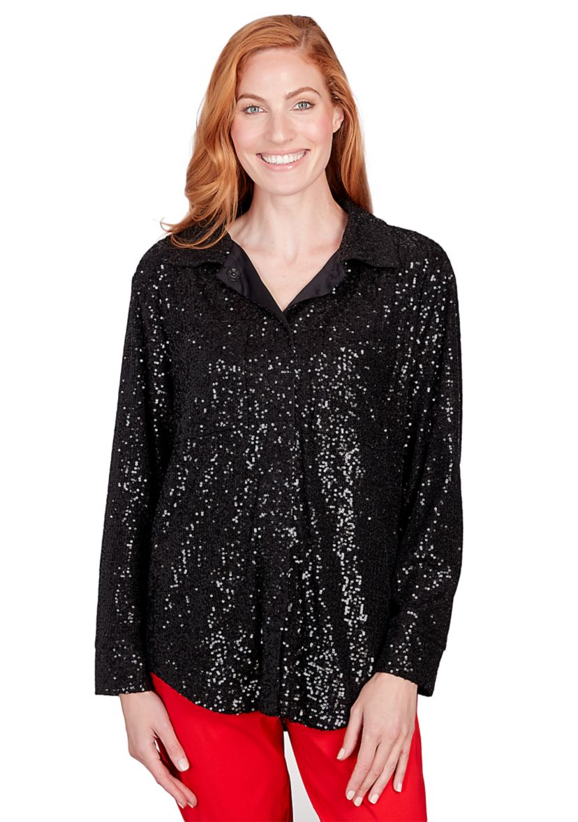 Petite Shining Sequin Snap Front Shirt Jacket