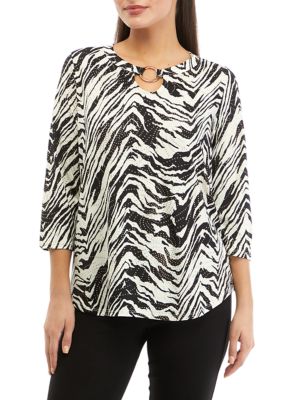 Petite Keyhole Neck Zebra Print Knit Top