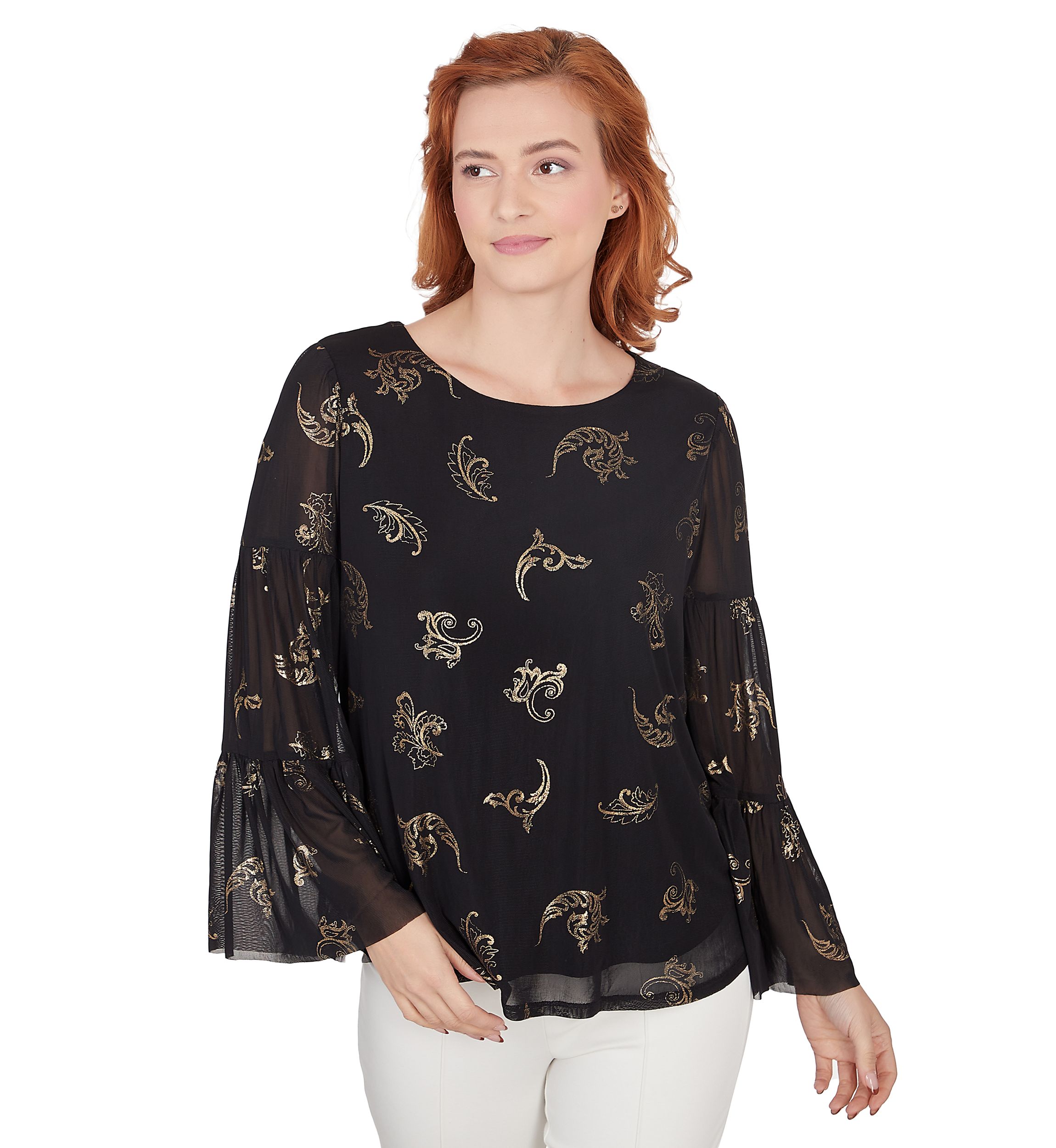 Petite Scoop Neck Scroll Foil Print Top