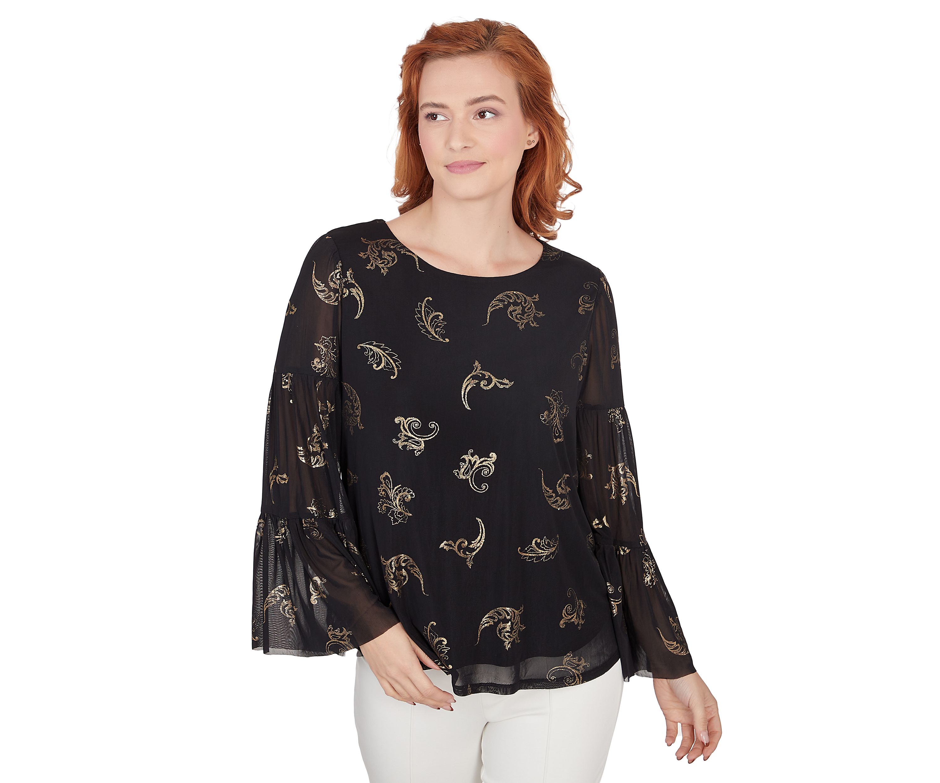Petite Scoop Neck Scroll Foil Print Top