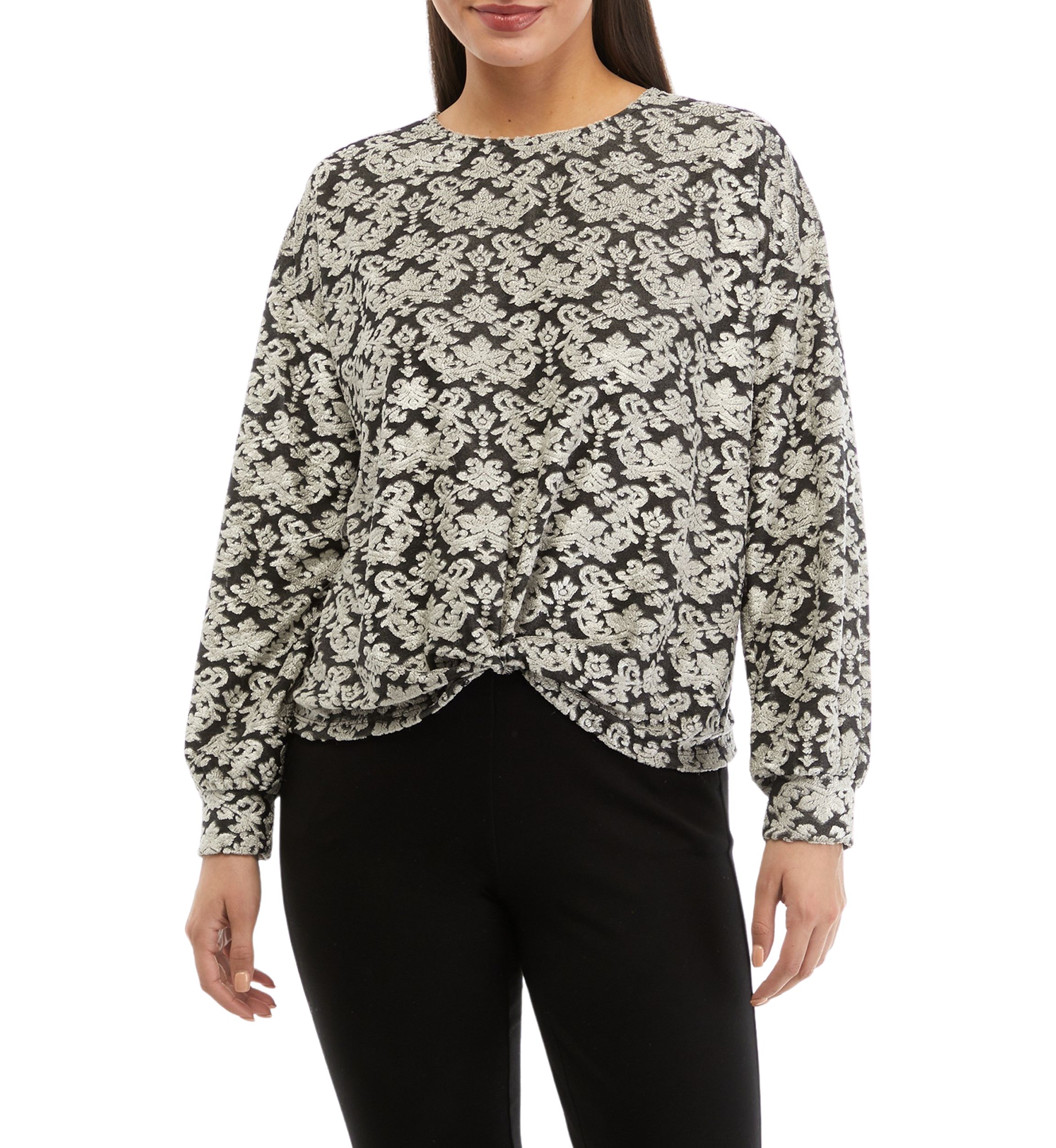 Petite Tapestry Print Textured Velour Top