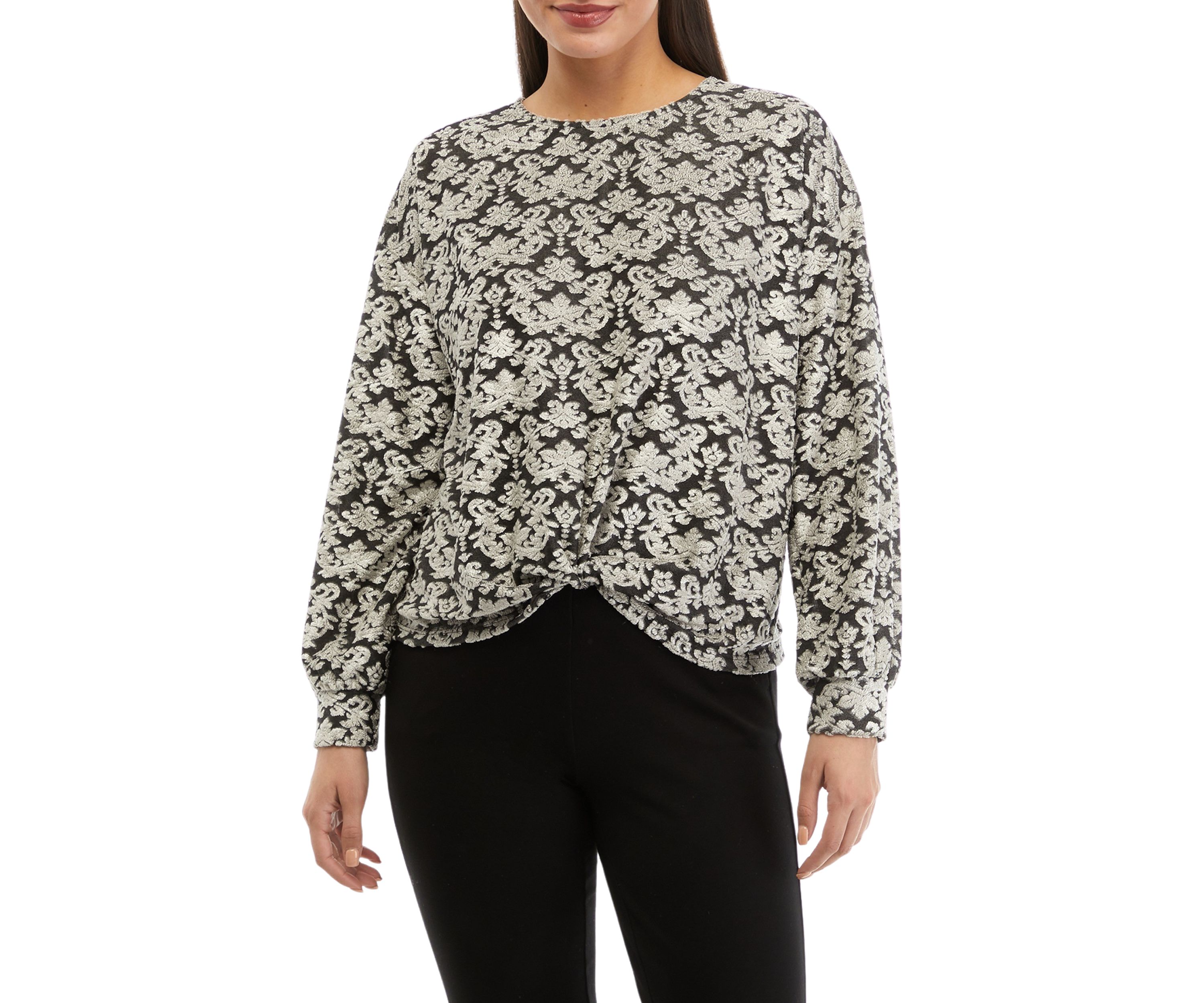 Petite Tapestry Print Textured Velour Top