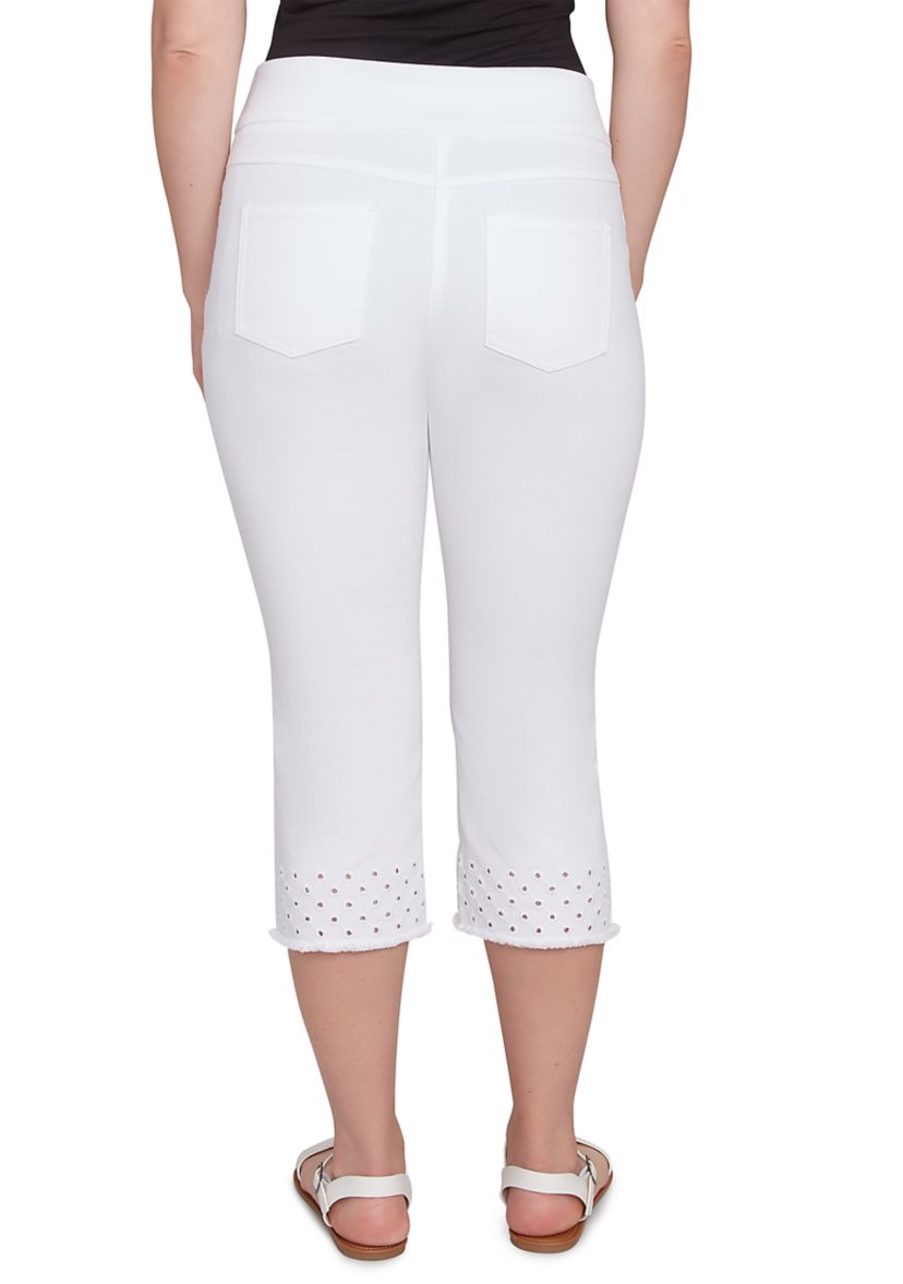 Womens Embroidered Hem Soft Stretch Denim Capri Pants