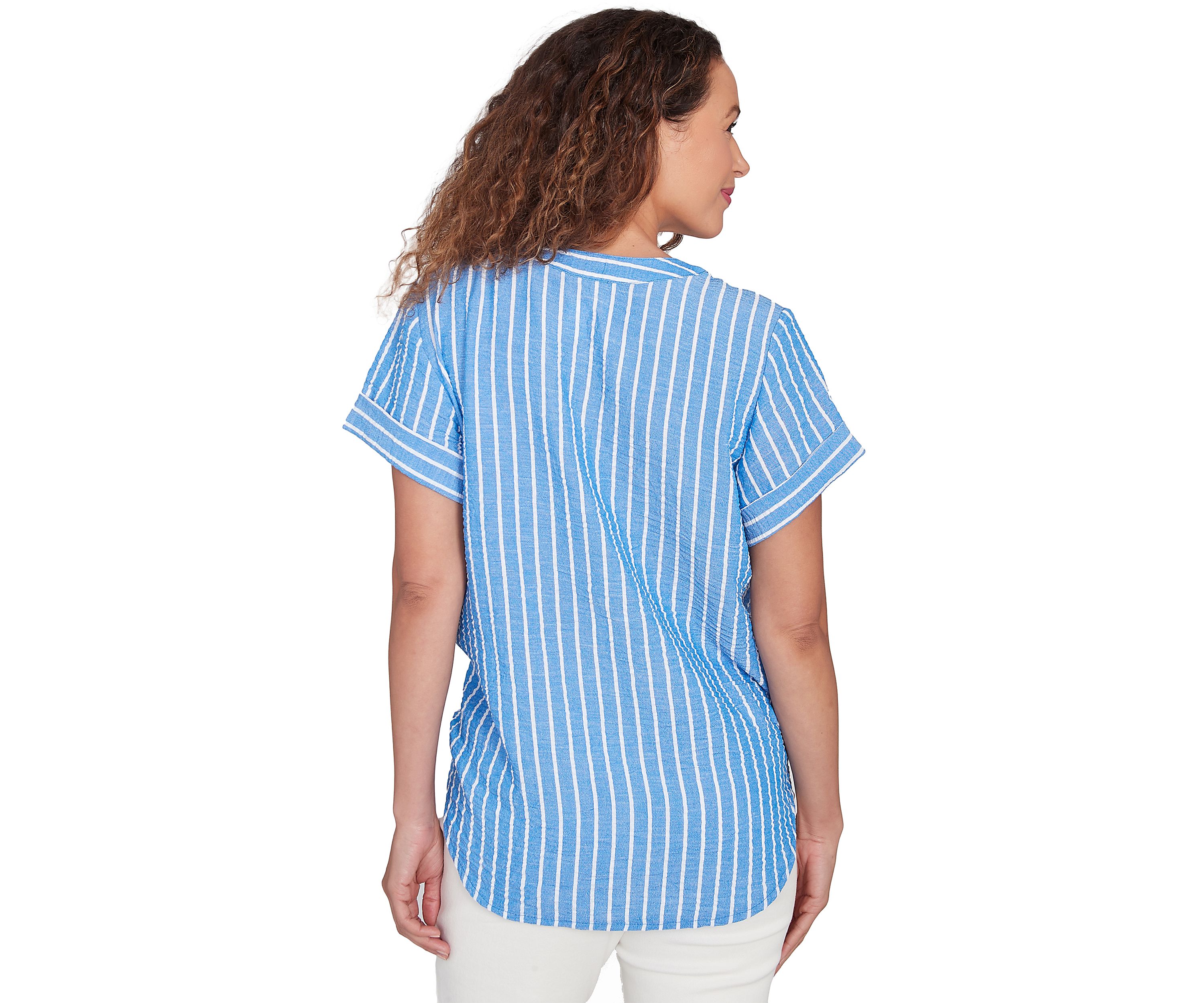 Womens Yarn Dye Stripe Embellished Tie Front Top