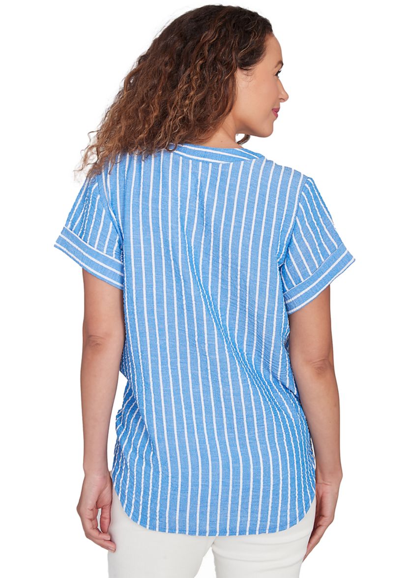 Womens Yarn Dye Stripe Embellished Tie Front Top