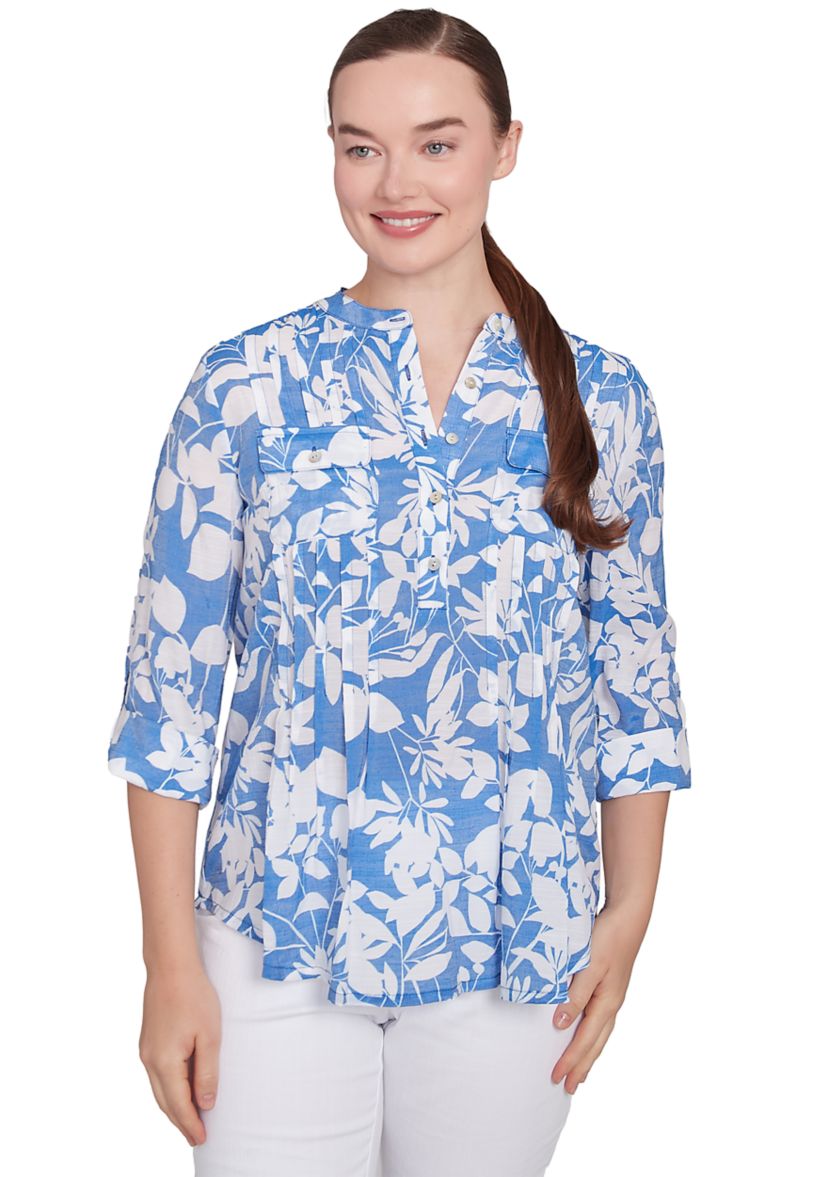 Womens Monotone Tropical Print Silky Gauze Top