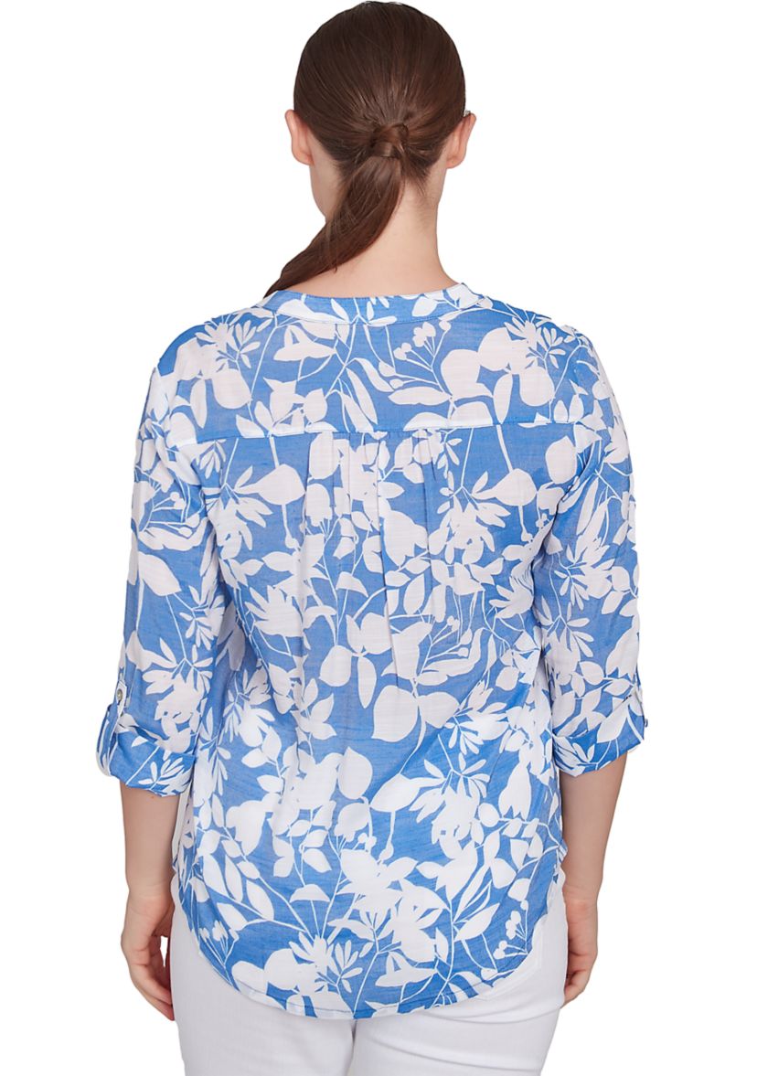 Womens Monotone Tropical Print Silky Gauze Top