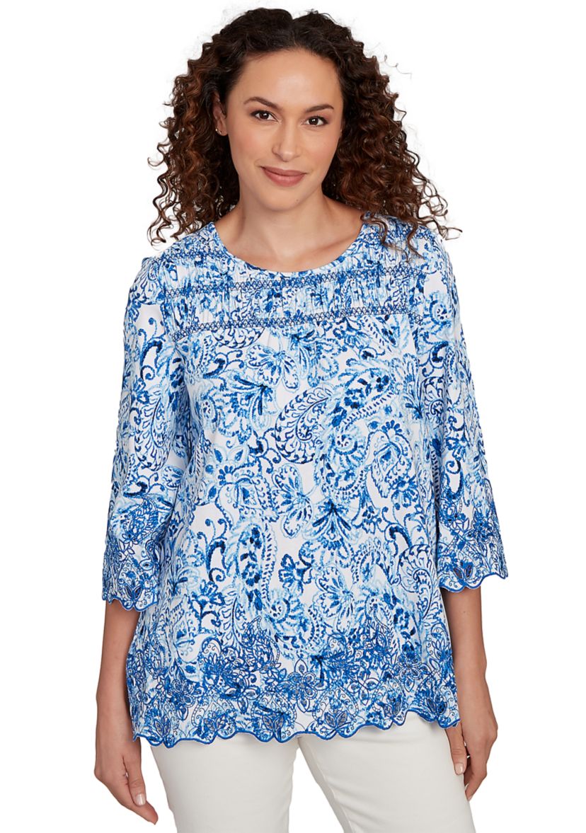 Womens Oceanic Paisley Embroidered Top
