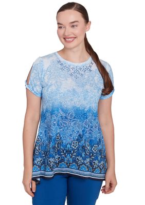 Ruby Rd Women's Crystal Ombré Cold Shoulder T-Shirt