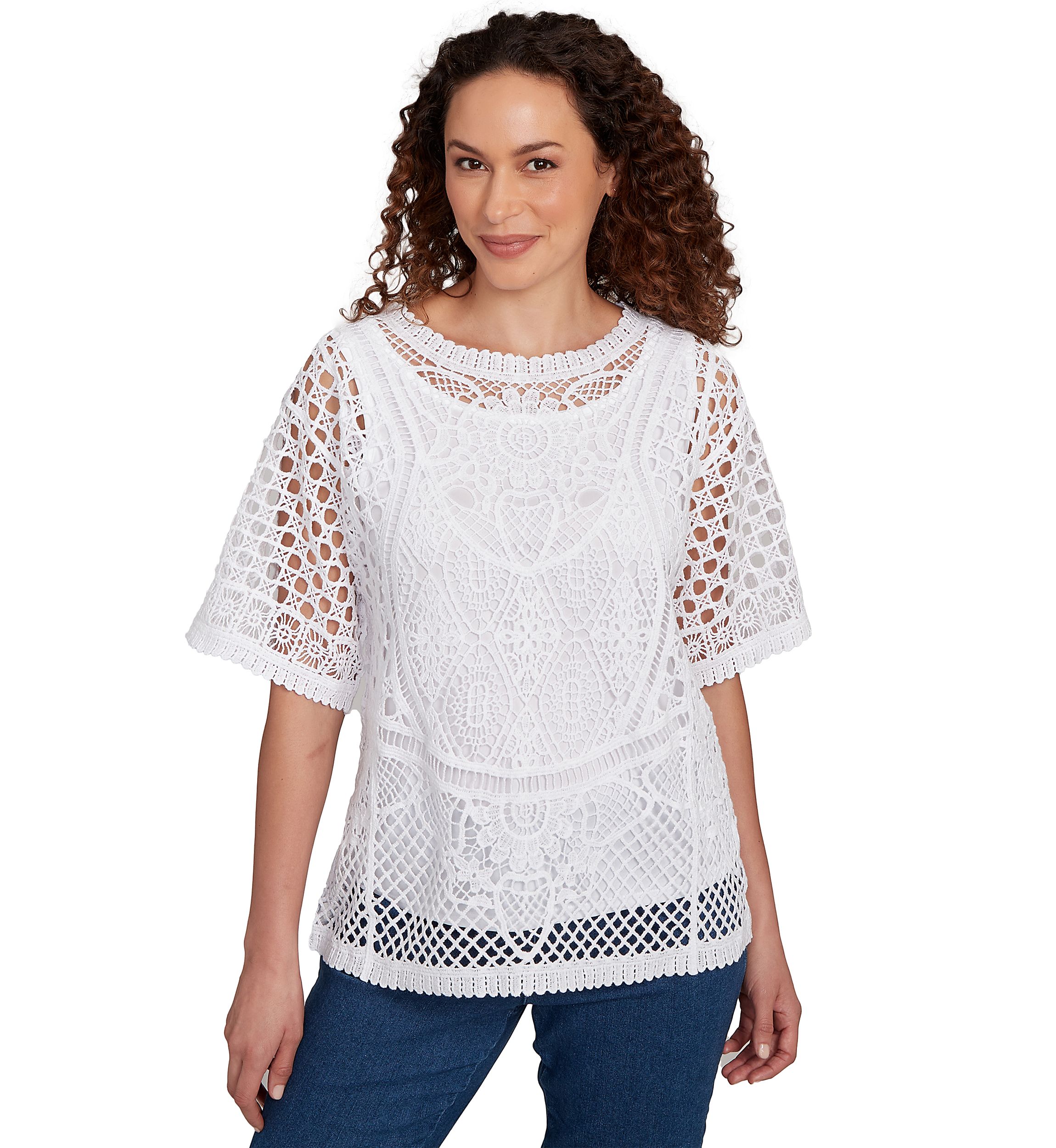 Womens Floral Blocked Crochet Top
