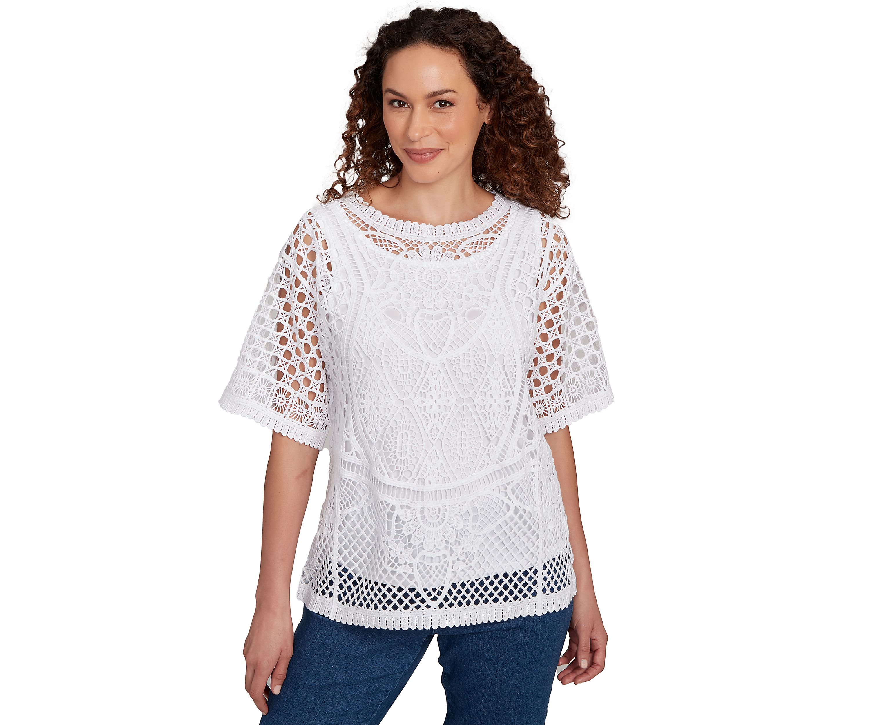 Womens Floral Blocked Crochet Top