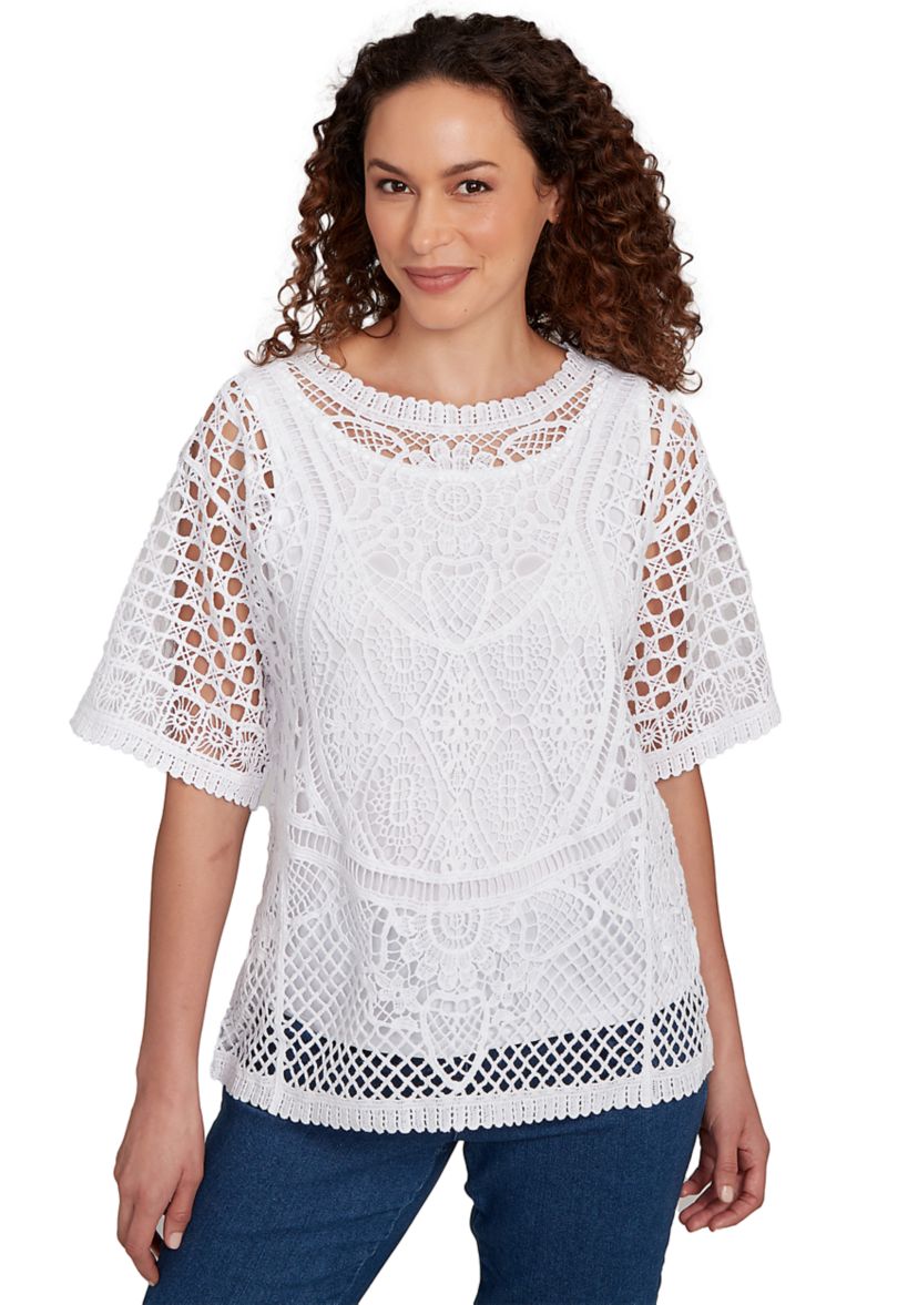 Womens Floral Blocked Crochet Top
