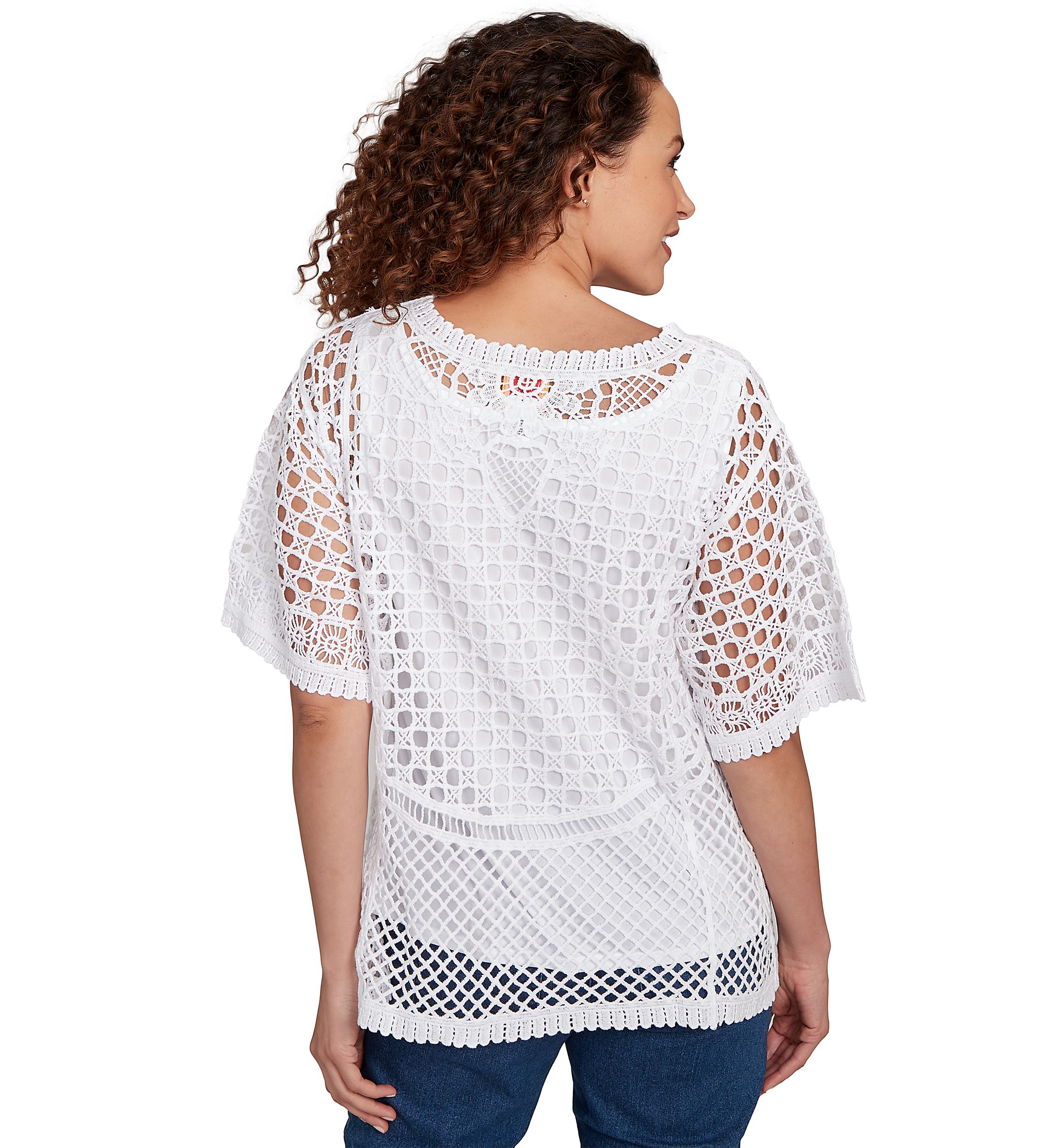 Womens Floral Blocked Crochet Top