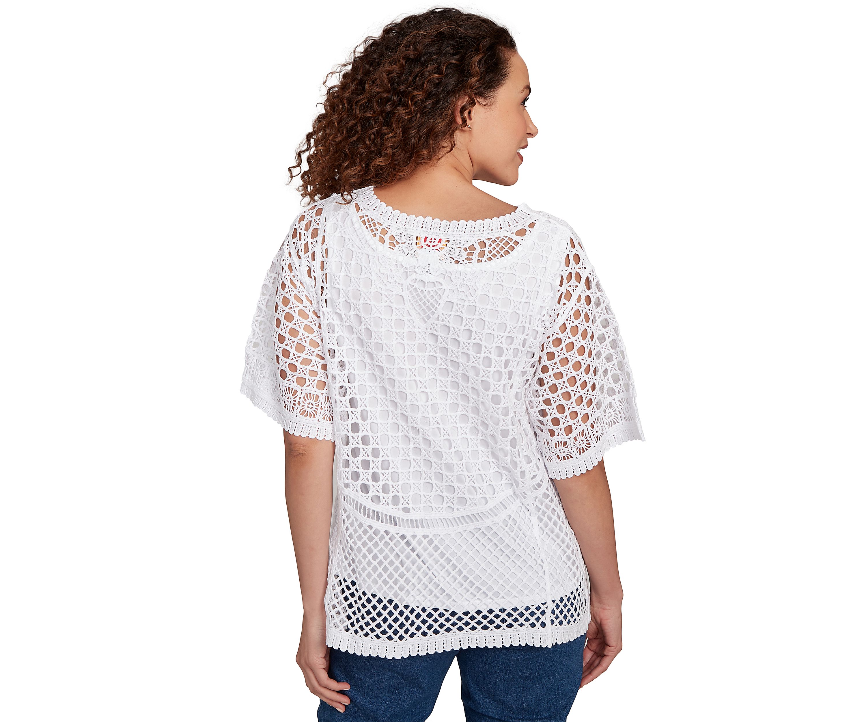 Womens Floral Blocked Crochet Top