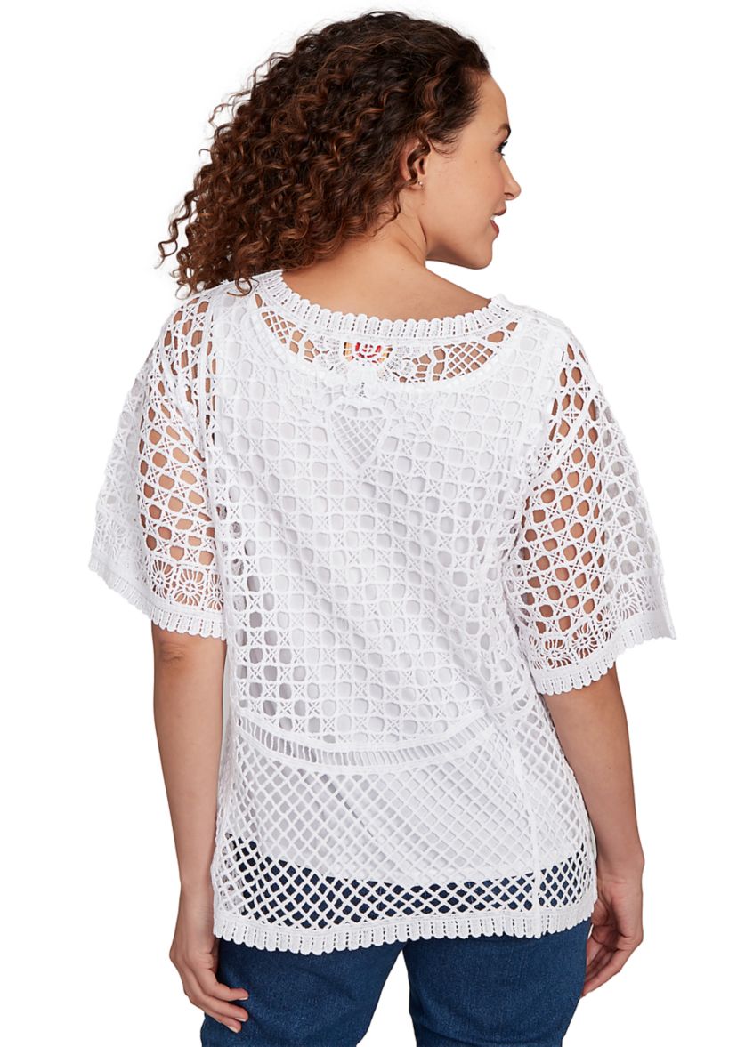 Womens Floral Blocked Crochet Top
