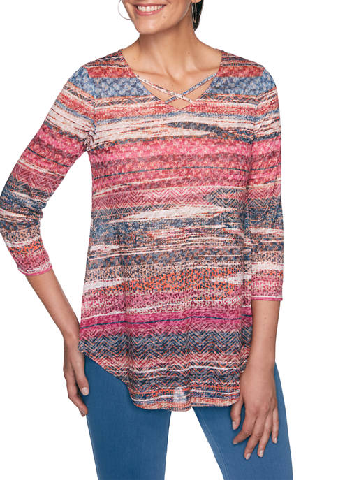 Petite Embellished Textured Stripe Top with Criss Cross Neckline