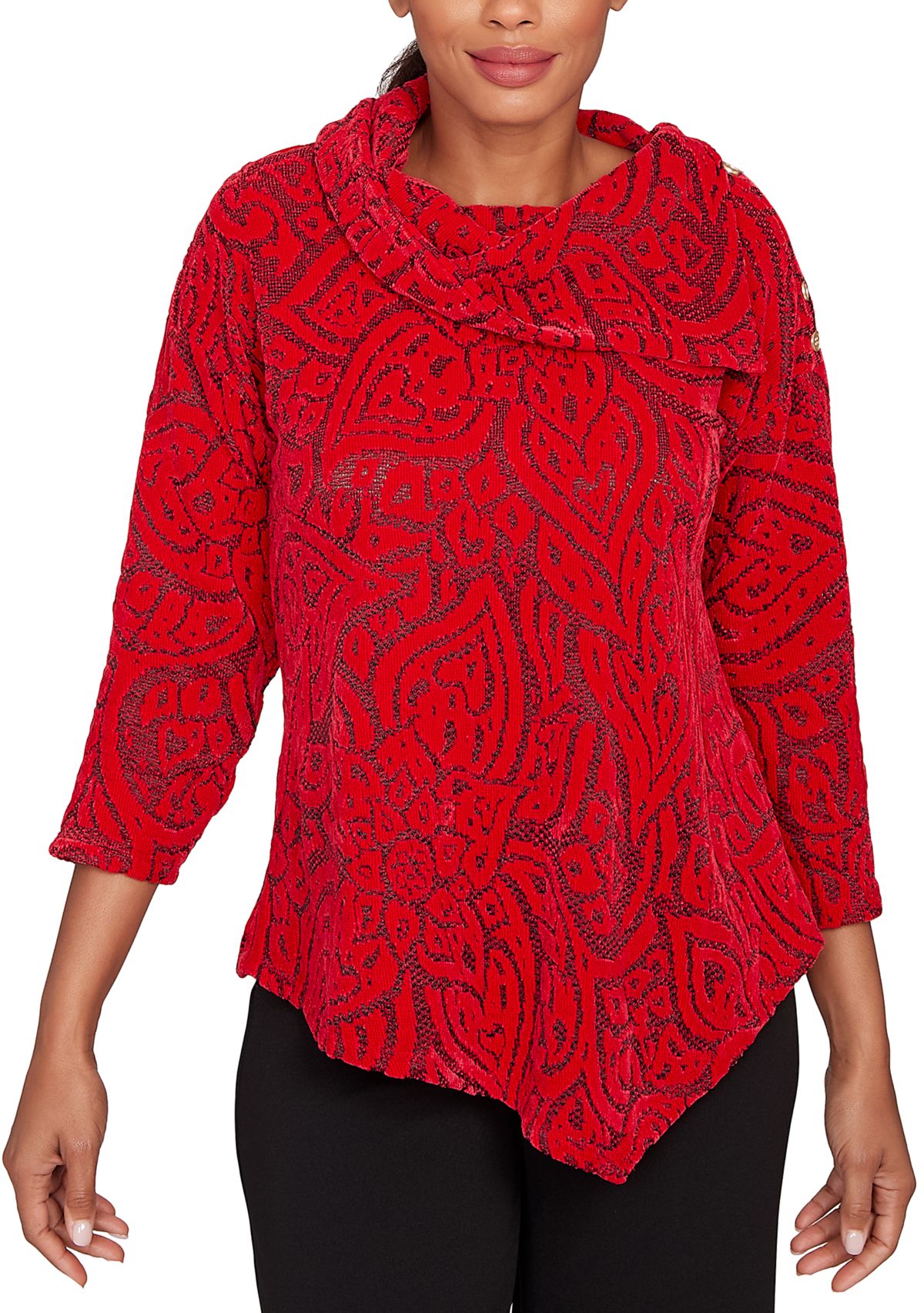 Womens Paisley Jacquard Asymmetric Hem Knit Top