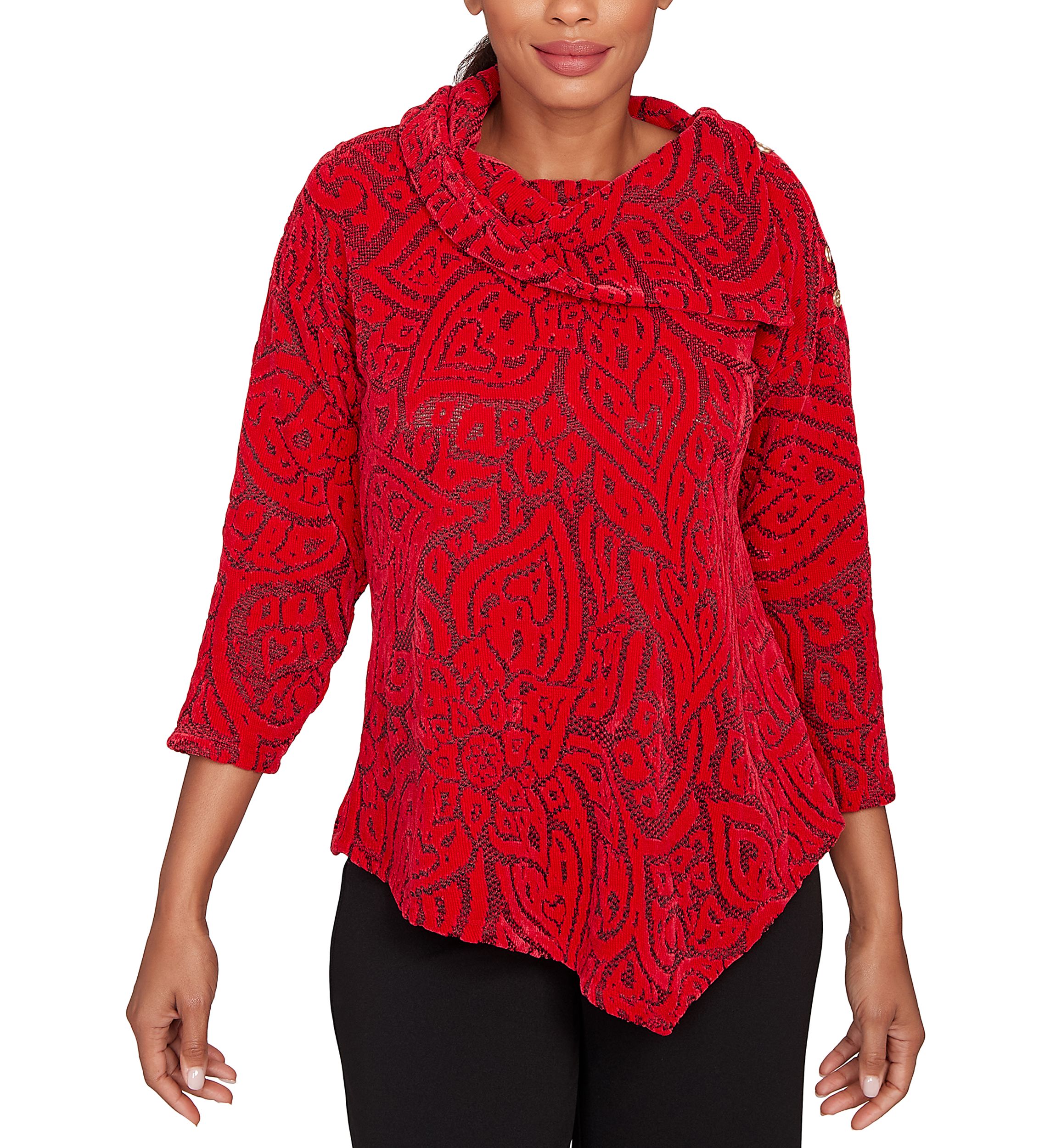Womens Paisley Jacquard Asymmetric Hem Knit Top