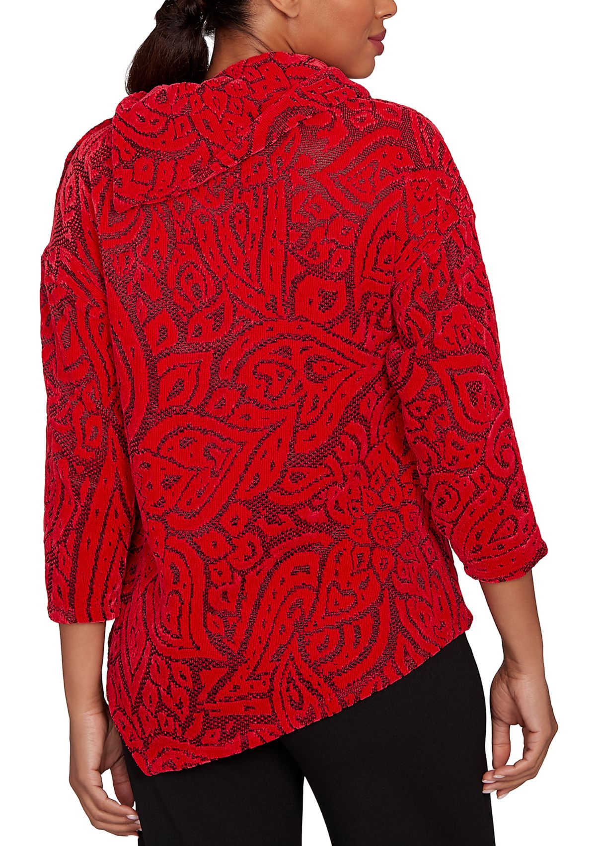Womens Paisley Jacquard Asymmetric Hem Knit Top