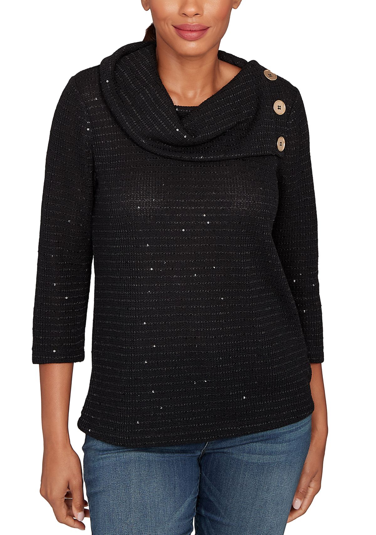 Womens Sequin Knit Top With Button Details