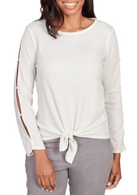 Ruby Rd Women's Tie Front Cutout Sleeve Waffle Knit Top, Ivory, Medium