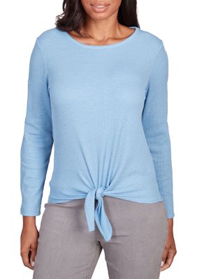 Women's Tie Front Cutout Sleeve Waffle Knit Top